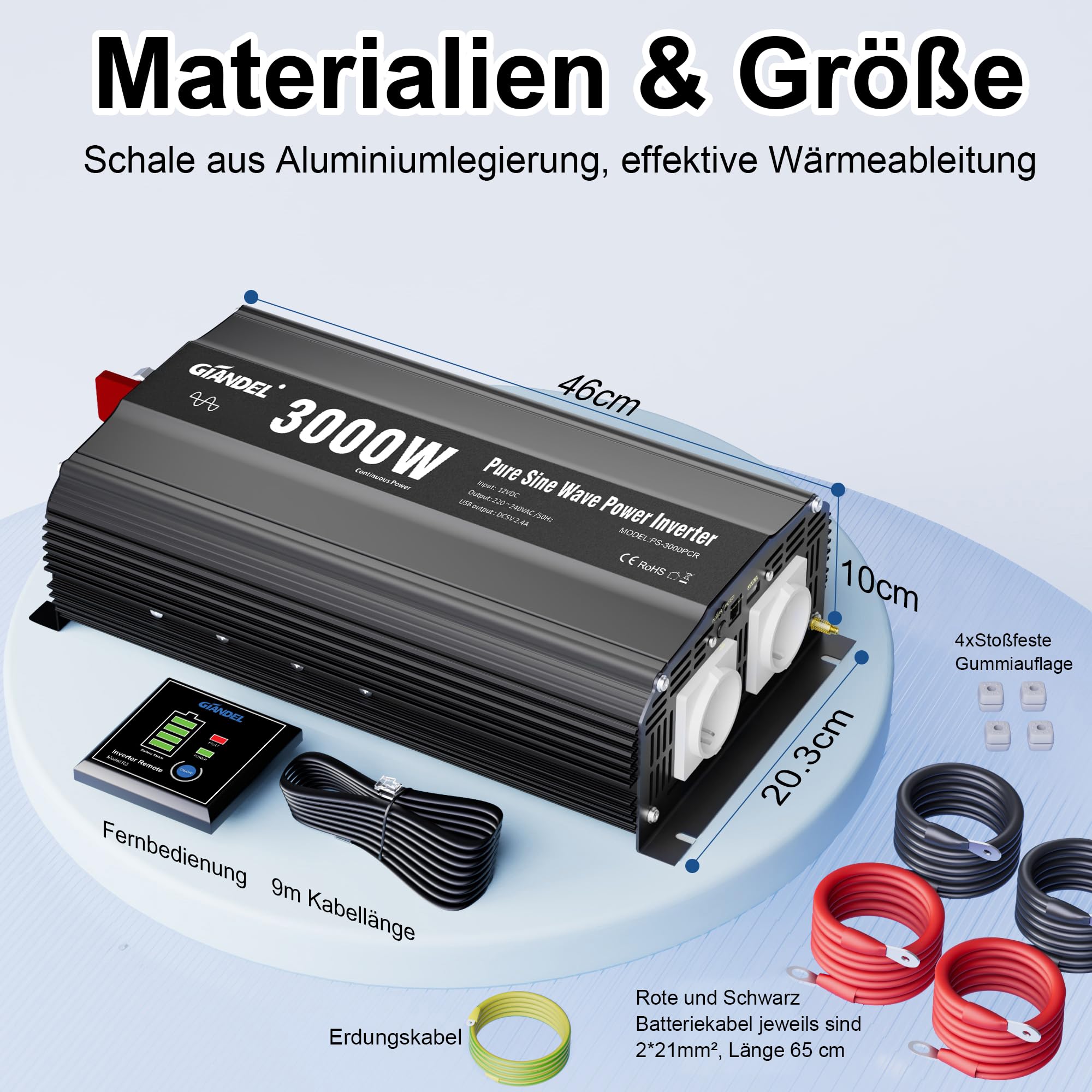 GIANDEL 3000W Wechselrichter 12V auf 230V Reiner Sinus Spannungswandler Kompatibel mit LiFePO4 Power Inverter mit Fernbedienung und USB Anschlüsse für Wohnmobil LKW Wohnwagen Camping