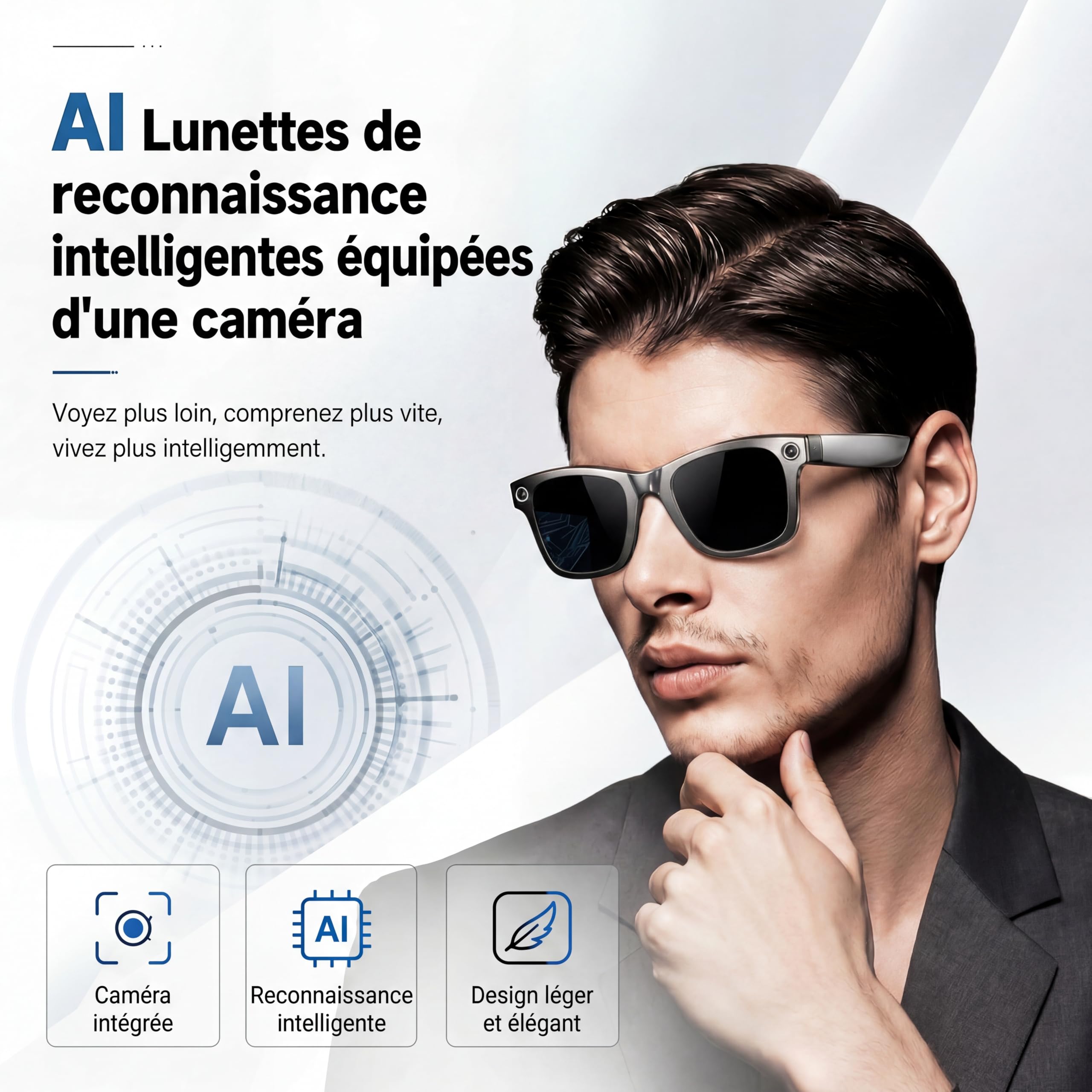 Korons Lunette Connectée Lunettes Connectées avec Assistant Vocal IA Reconnaissance Intelligente Caméra HD Bluetooth Smart Glasses Idéales pour Travail et Voyage (Photochromique)