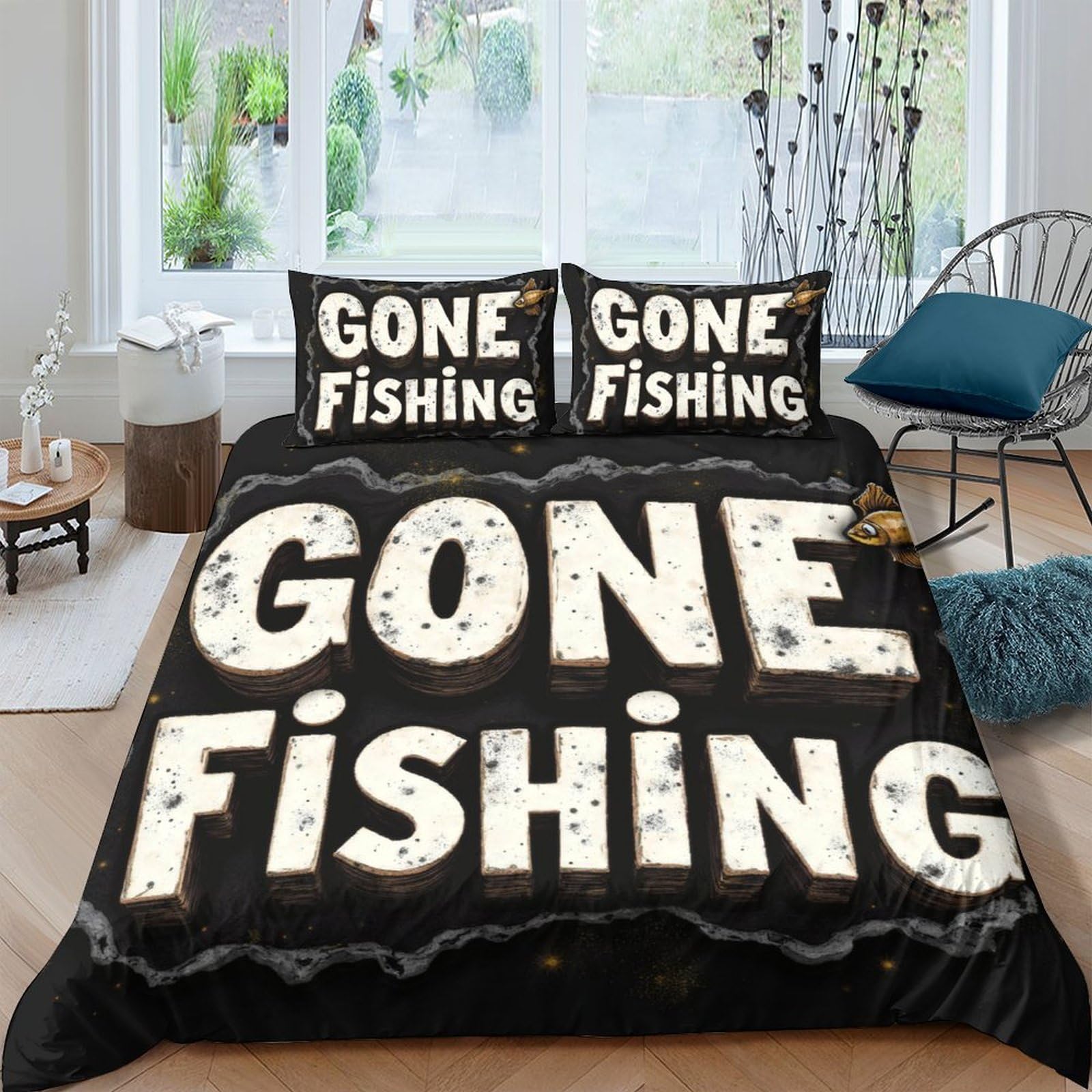 Ctjqhvkz Style-8 3D Printed Gone Fishing Fitted Sheet Microfiber Black Letter Pattern Mattress Cover Non Slip For Bedroom Dorm Easy Care Single（135X200cm）