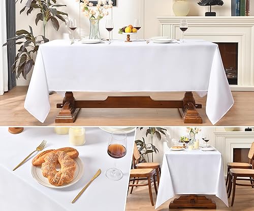 Miniatura 3 de LEQEE Mantel blanco, 2 unidades de 90 x 132 pulgadas, resistente a las manchas y a las arrugas, mantel de poliéster blanco, rectangular, mantel de