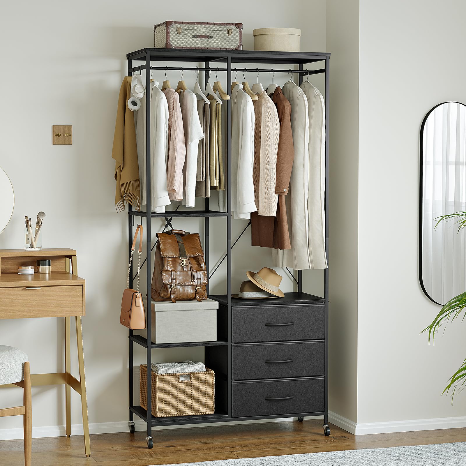 Appendiabiti con Cassetti, Stand Appendiabiti, Armadio Aperto, Guardaroba, Attaccapanni Moderno, Ripiani Regolabili, 4 Ganci, Nero