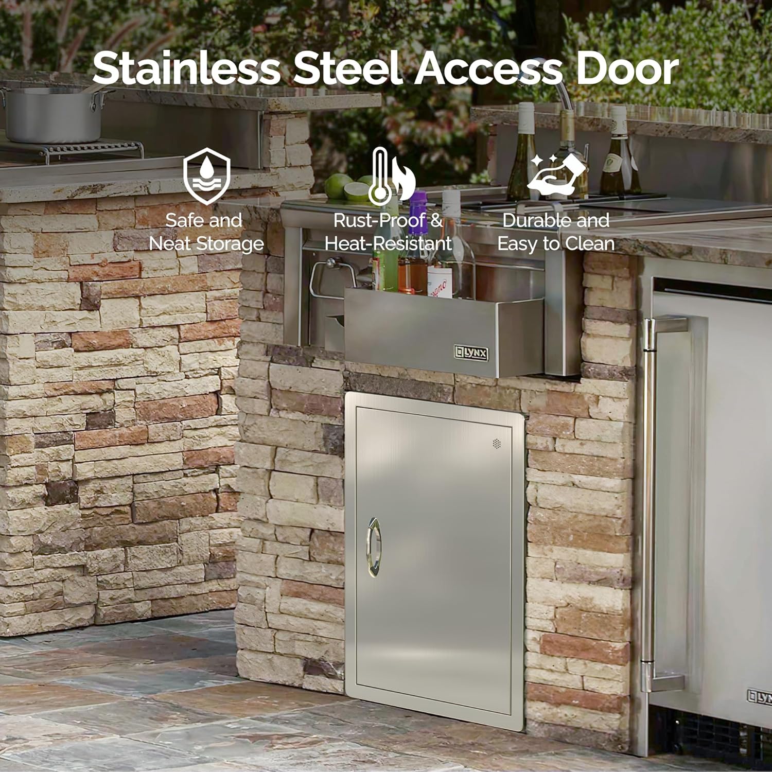 Sersper Outdoor Kitchen Door, 17" W x 24" H Stainless Steel Single Access Door with Venting Holes, Recessed Installation, 1 Ergonomic Handles, 3 Hooks, Ideal for Outdoor Kitchens and BBQ Islands