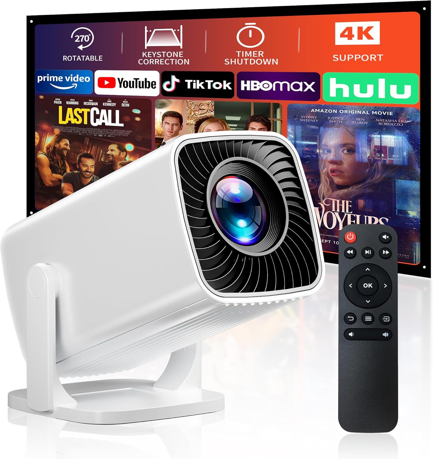 Portable Projector 4K Support, Full HD 1080P Outdoor Projector, 270° Rotation Movie Projector, Compatible with Smartphone, TV Stick, Laptop, PS4, HDMI, USB (No WiFi or Bluetooth)