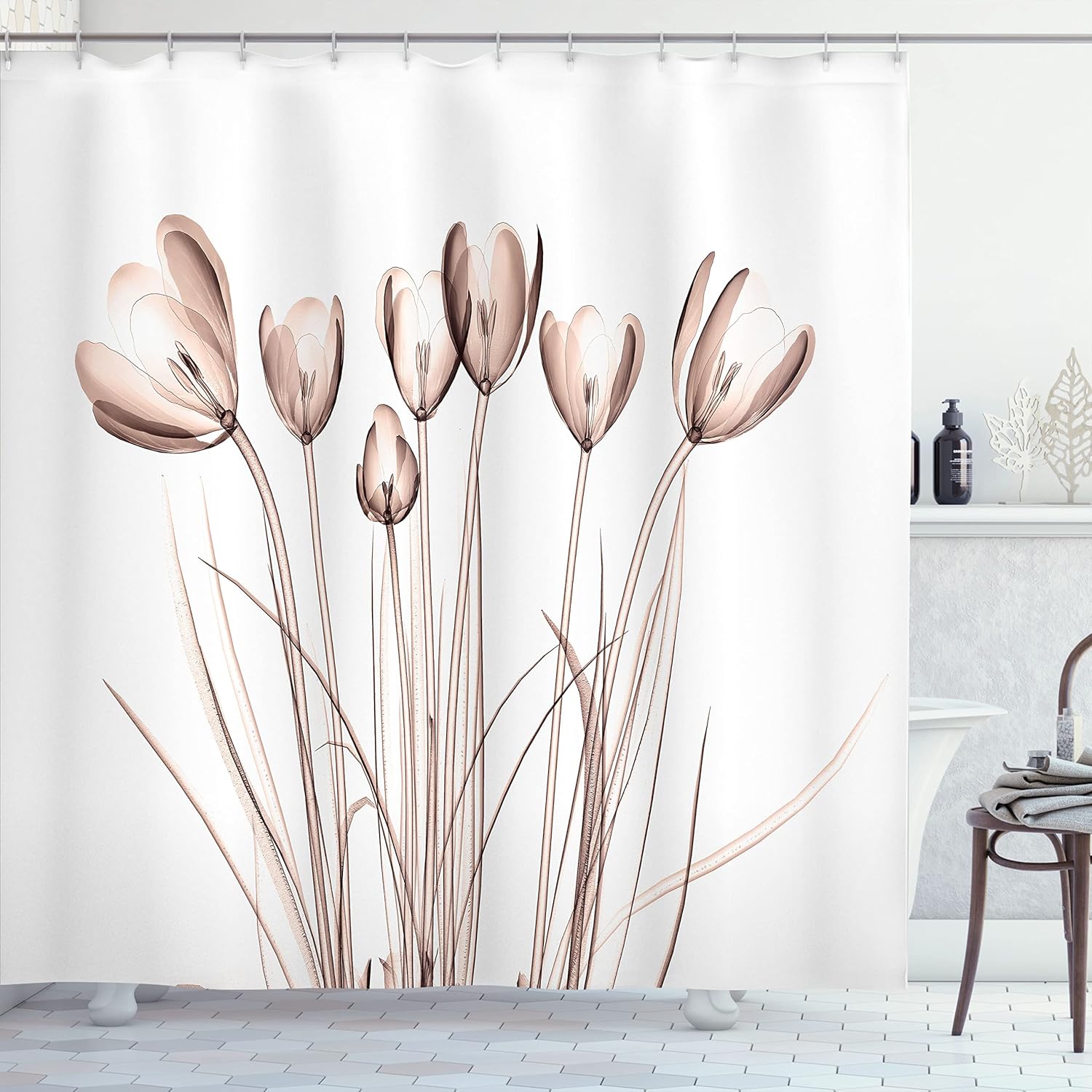 Ambesonne Flower Shower Curtain, X-ray Image of Tulips Solarized Effect Nature Inspired Illustration, Cloth Fabric Bathroom Decor Set with Hooks, 69" W x 70" L, Pale Chocolate