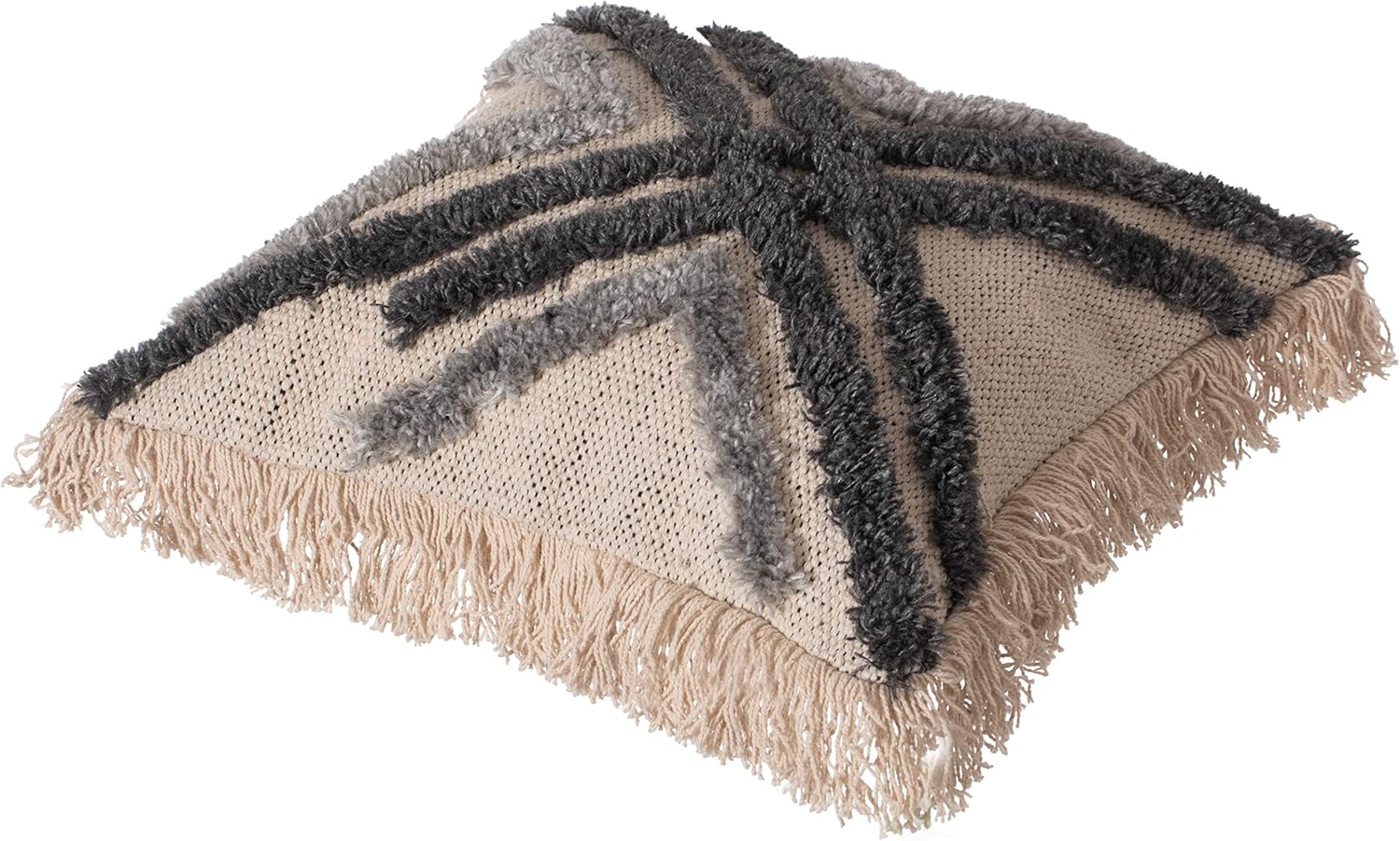 Deerlux 16" Handwoven Cotton & Silk Throw Fringed Pillow Cover with Embossed Crossed Lines, Black & Natural