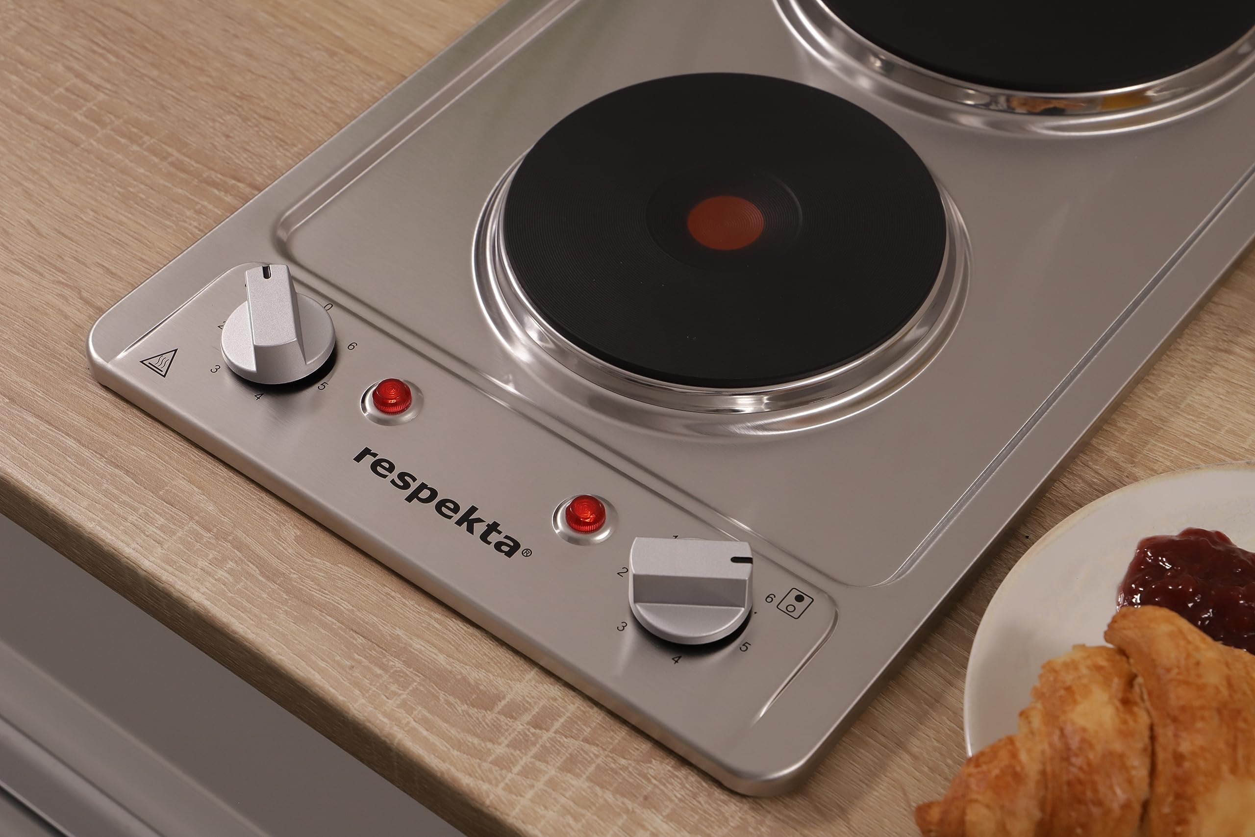 Respekta Domino Piano Cottura Elettrico In Acciaio Inox, Piastra Elettrica da Incasso A 2 Piastre Con Spina, Fornello Elettrico, 6 Livelli, Manopole, Pronto All'uso, 29 cm, km 9111EN