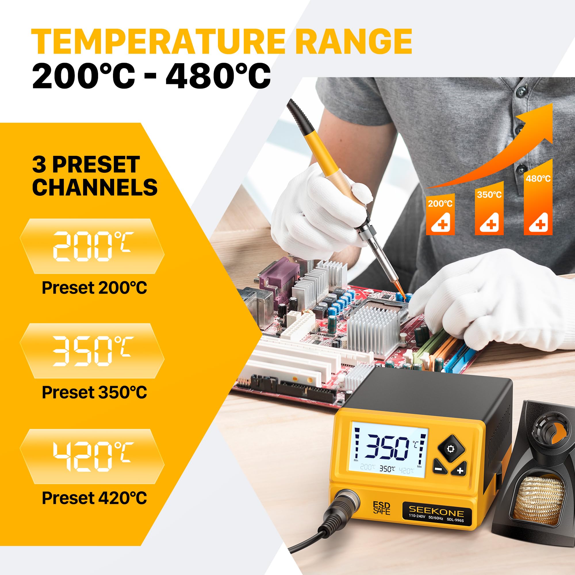 SEEKONE Lötstation 60W, Profi Lötkolben Einstellbare Temperatur 200℃-480℃ mit LCD Displayanzeige, Digitale Lötkolbenstation mit 5 Lötspitzen, °C/°F Umrechnung, Standby Funktion, Power-On Speicher