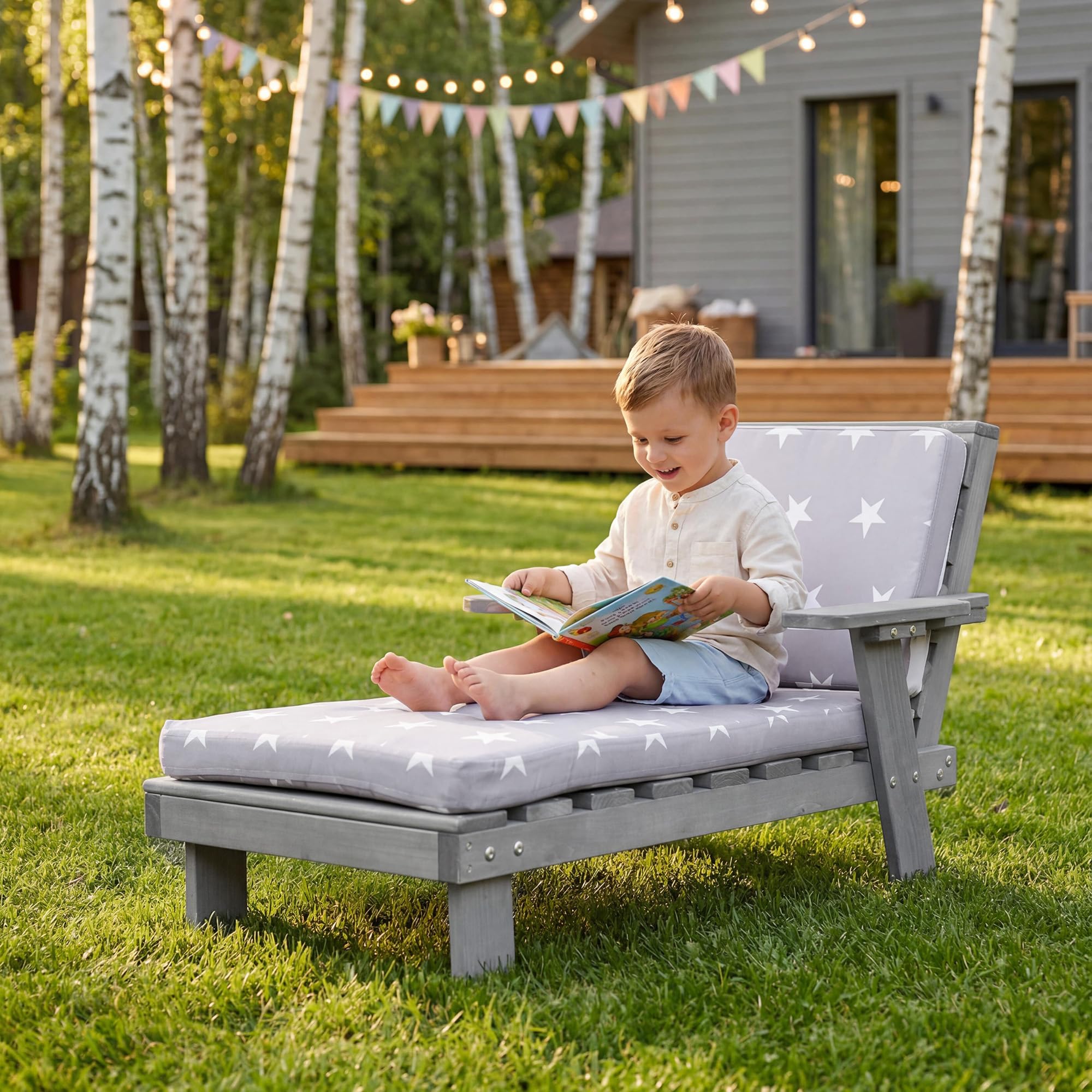 roba Sdraio per Bambini con Cuscini Little Stars - per Esterno, Giardino, Terrazza, all'Aria Aperta - Resistente alle Intemperie - con Portabicchieri - Certificato FSC - Legno Laccato Grigio