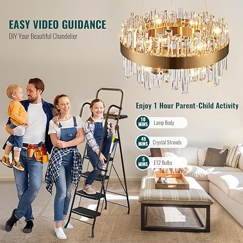 Miniatura 3 de Siljoy - Candelabro de cristal moderno, 12 luces, lujoso, redondo, de 2 niveles, con cristal K9 en forma de gota de lluvia, lámpara colgante de