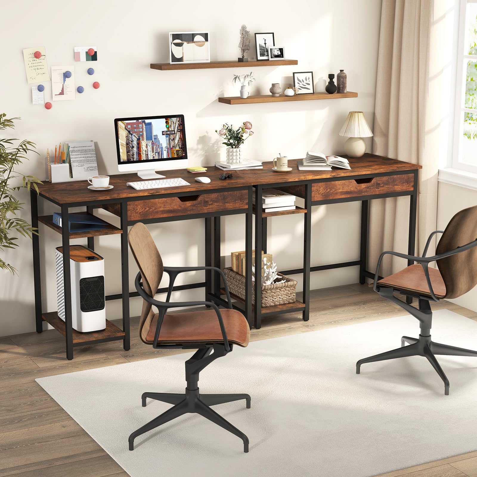 100 cm industrialne drewniane biurko z półką i słuchawkami Hoo stół do nauki do domowego biura rustykalny brązowy PC Laptop Wortat