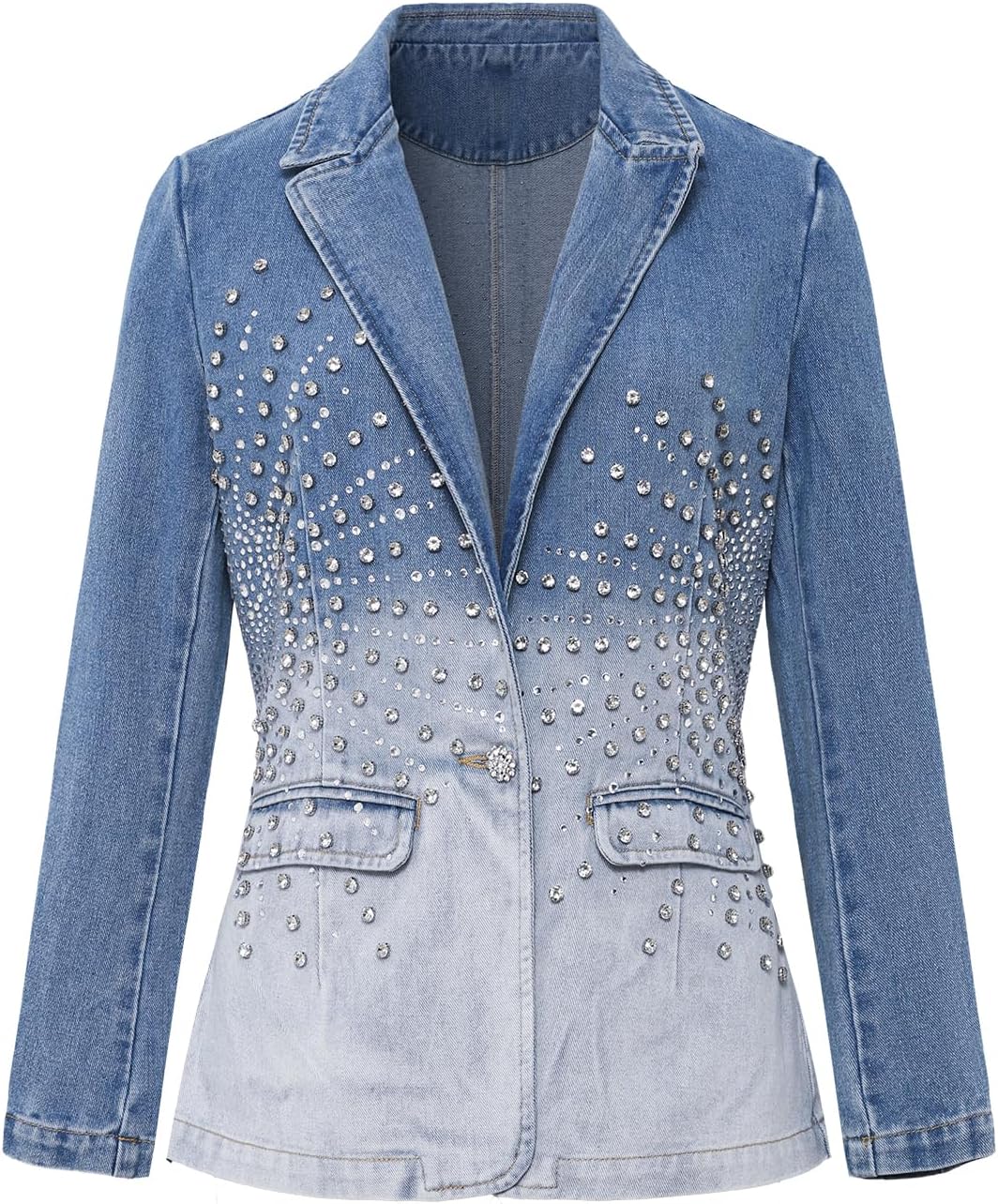 Women's Rhinestone Denim Suit Business Casual Pointed Collar Lapel Front Pocket Fall Winter Denim Jacket