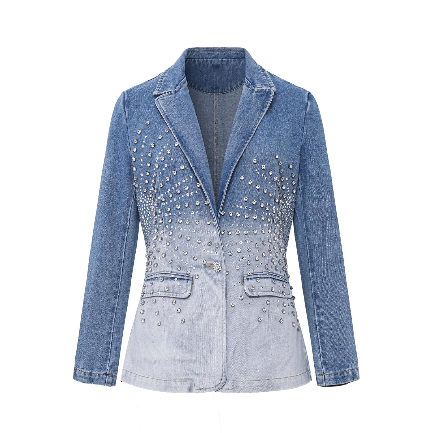 Womens Rhinestone Denim Suit Business Casual Pointed Collar Lapel Front Pocket Fall Winter Denim Jacket