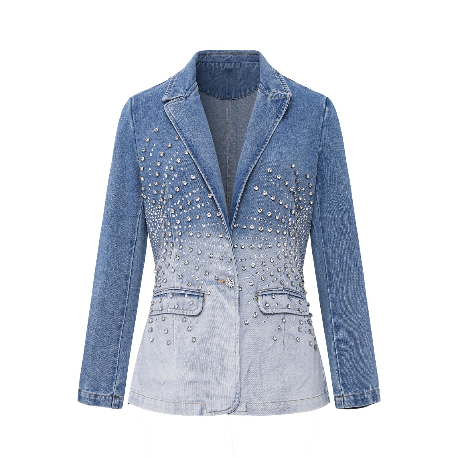 Womens Rhinestone Denim Suit Business Casual Pointed Collar Lapel Front Pocket Fall Winter Denim Jacket