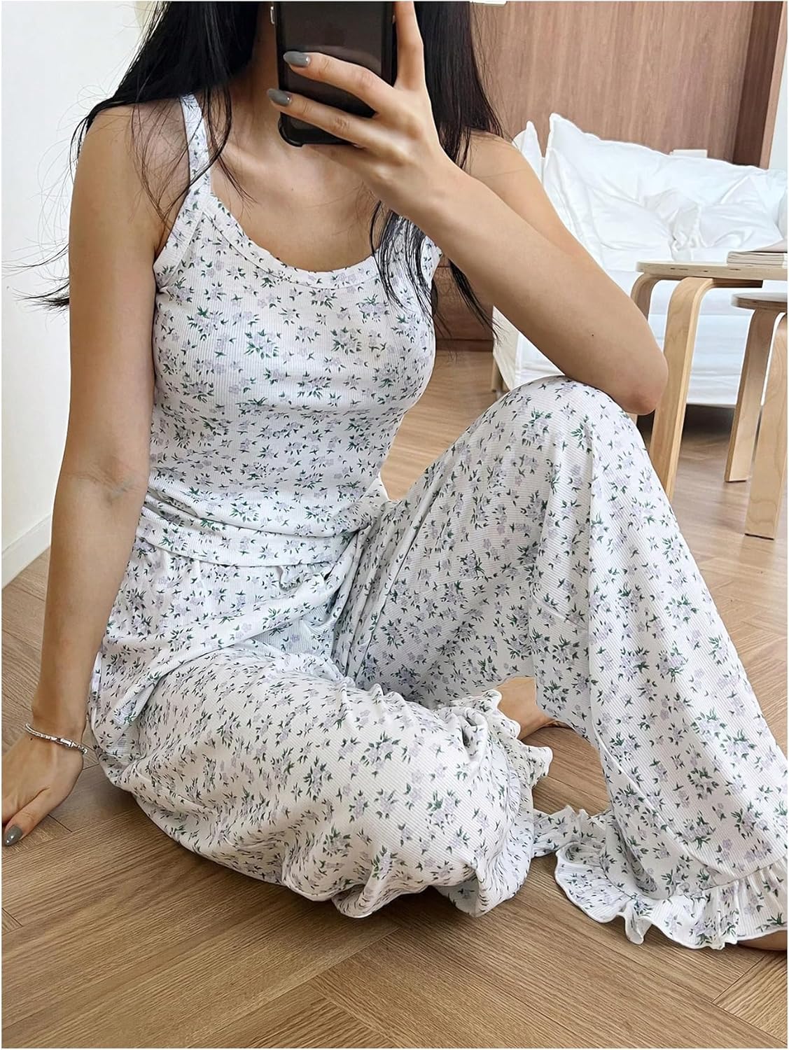 Floerns Women's 2 Piece Floral Pajama Sets Camisole Tops and Ruffle Pants Set Y2K Cute Loungewear - Image 3