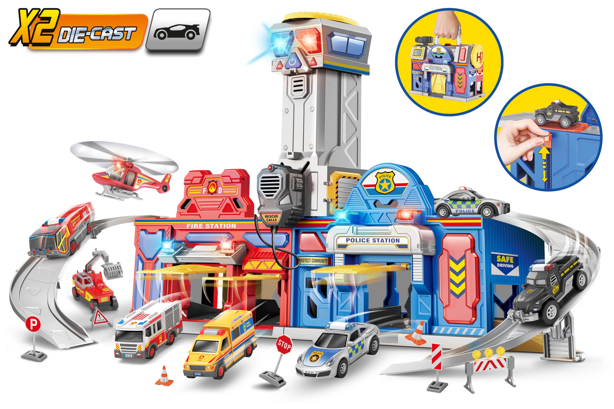 Gran estación de emergencia con sonidos y luces - Bomberos y policía - Sonidos y luces - Megáfono - 2 modelos de coche die-cast incluidos - Dimensiones 75 x 39 x 30 cm - Globo Juguetes - WToy 42189