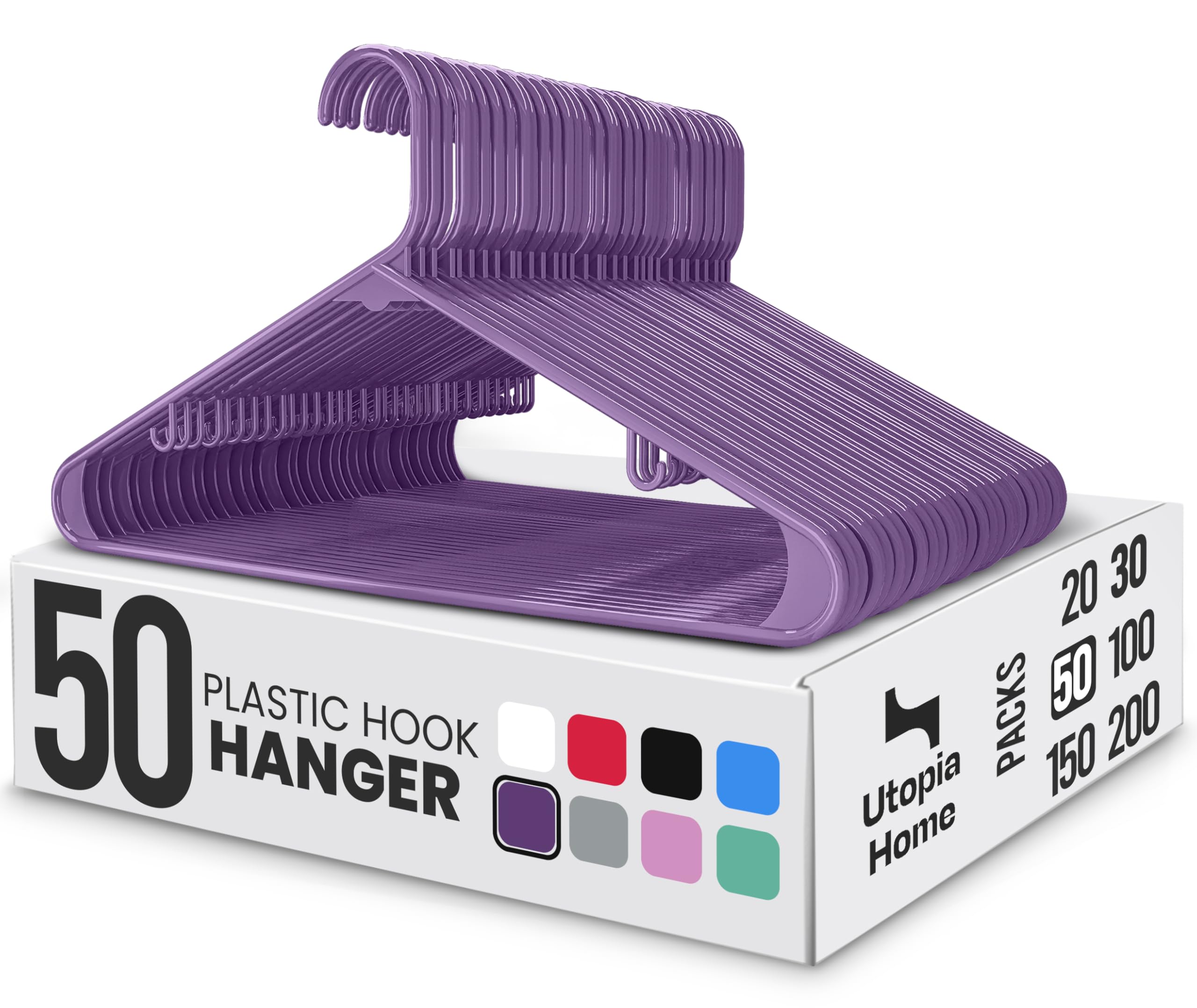 Utopia Home Perchas estándar de plástico Negro para Perchas tubulares de Ropa, duraderas, Delgadas y Elegantes (Morado, 50) | Ahorro de espacio, duradero y resistente, organizador de armario, ideal para camisas, pantalones, faldas y abrigos