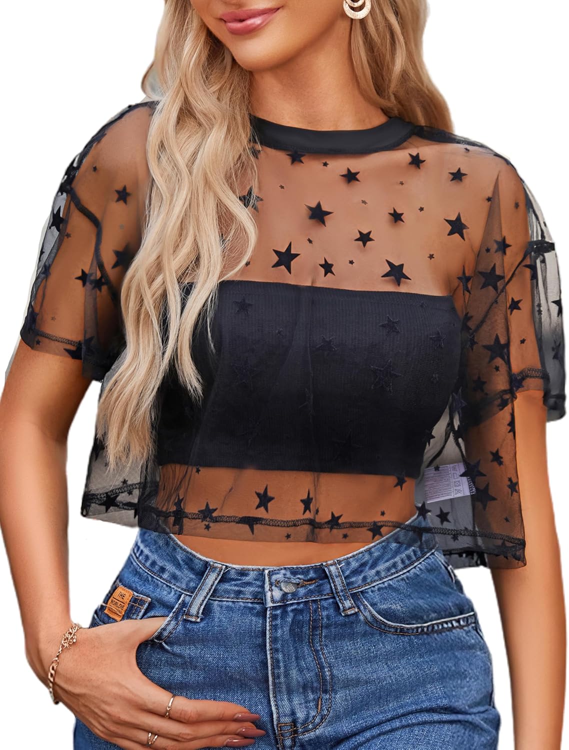 Avidlove Women's Mesh Tops See Through Shirts Short Sleeve Printed Crop Top Sheer Blouse Clubwear S-XXL