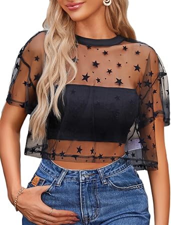 Avidlove Womens Mesh Tops See Through Shirts Short Sleeve Printed Crop Top