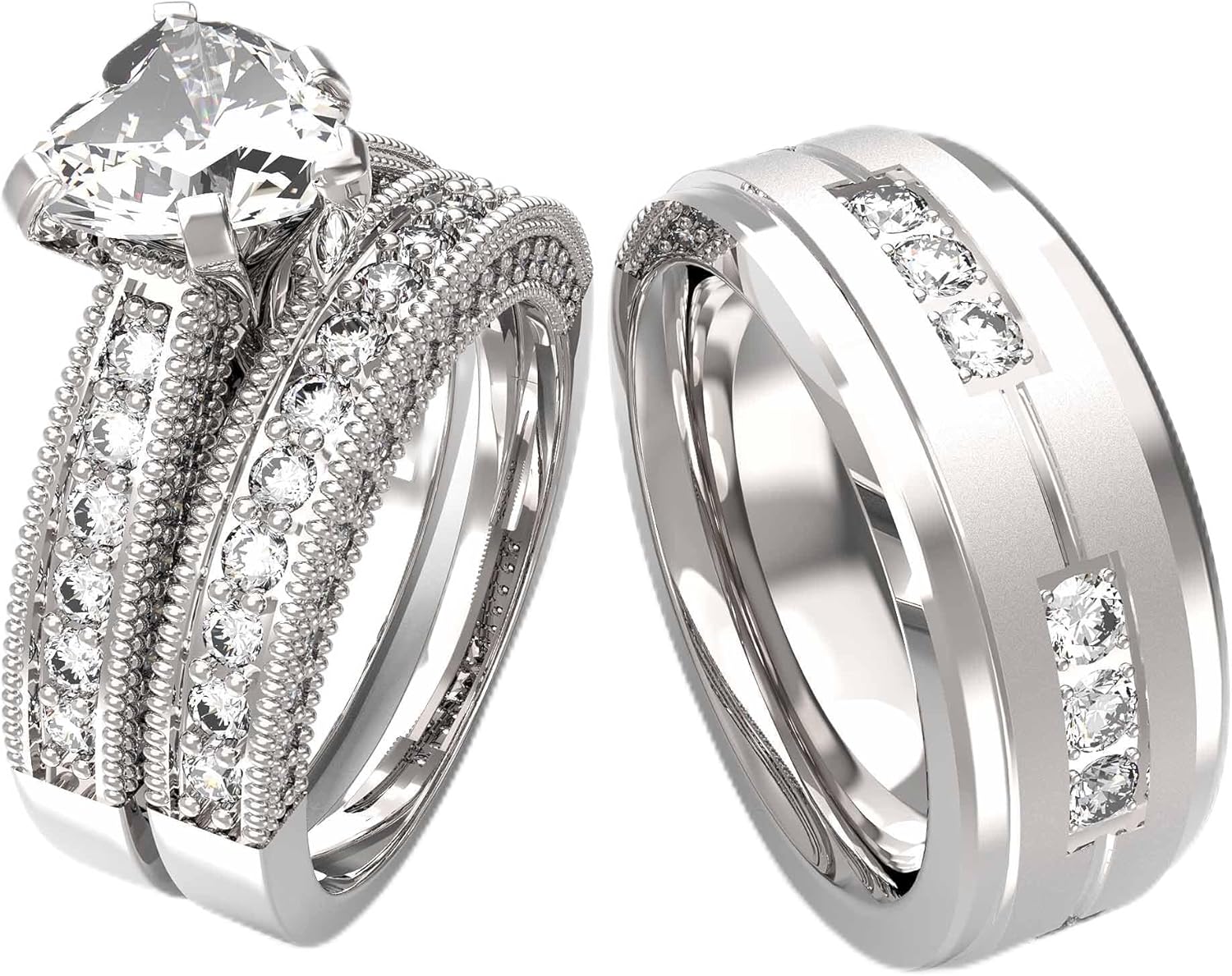 TWO RINGS Wedding Ring Sets His And Hers Promise Ring Couples Bridal Sets Women 925 Sterling Silver Heart Cz Man Brushed Finished Tungsten Carbide Wedding Bands