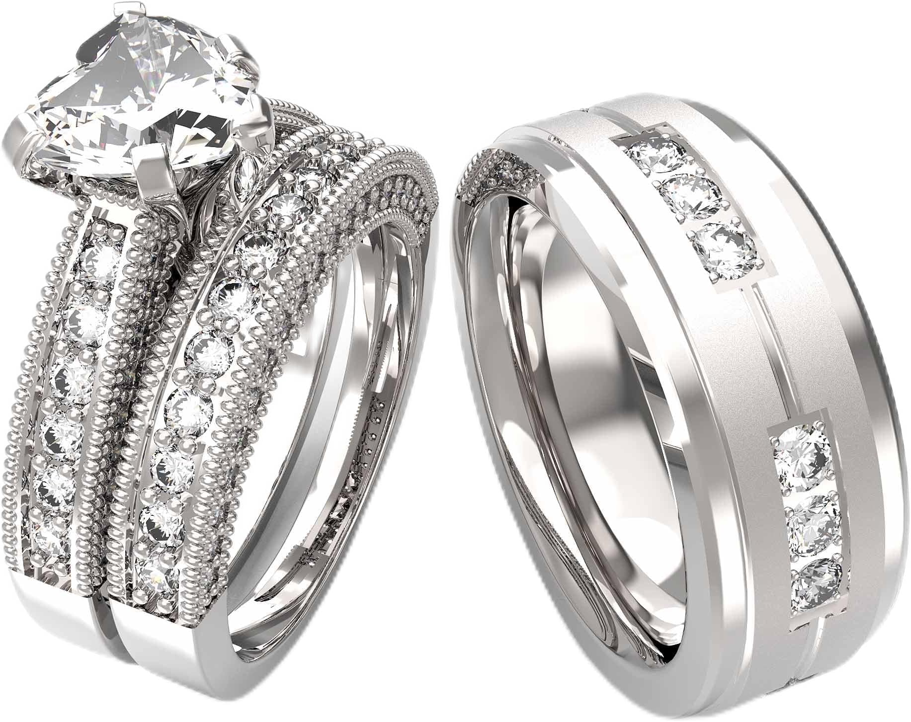 TWO RINGS Wedding Ring Sets His And Hers Promise Ring Couples Bridal Sets Women 925 Sterling Silver Heart Cz Man Brushed Finished Tungsten Carbide Wedding Bands