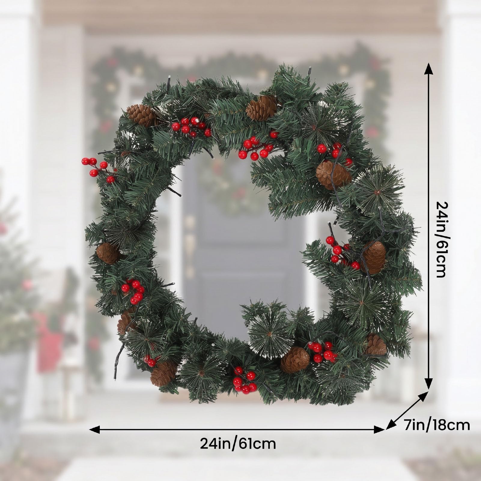 Fockety 24 Zoll Künstlicher Weihnachtskranz mit Lichtern, Rote Beeren und