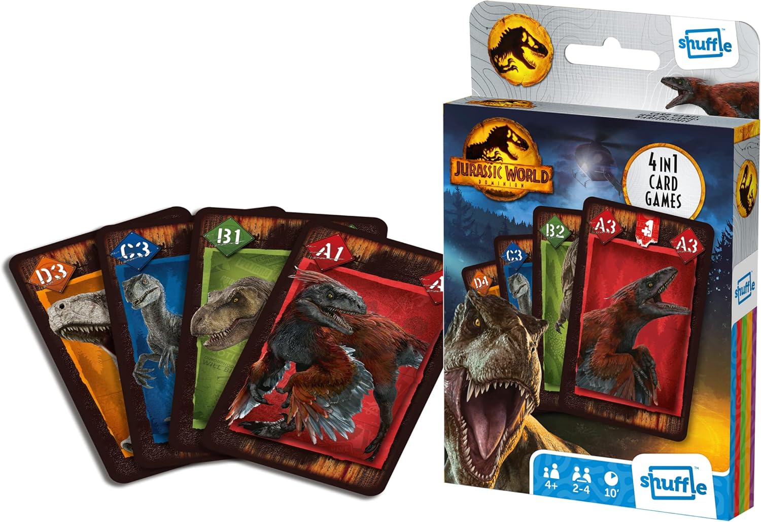 Jurassic World Card Game for Kids - 4 in 1 Snap, Pairs, Happy Families & Action Game, Game Guide Included, Great Gift for Kids Aged 4+