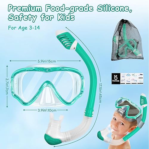 Miniatura 5 de Vvinca Snorkeling Gear for Kids Dry Top Kids Snorkel Set for Boys Girls Junior Youth Children Age 4-14 Swim Goggles with Nose Cover Anti-Fog