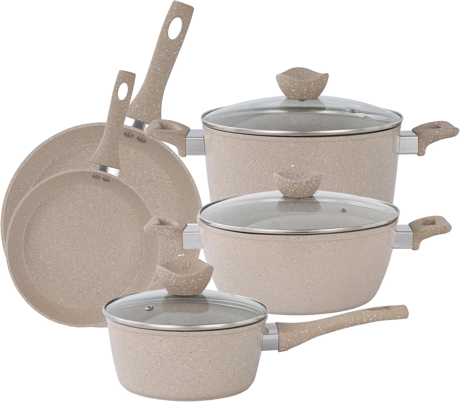 Lorren Home Trends Nonstick Cookware Set, Beige Speckled, 6-Piece with Glass Lids, 9.5 and 12 Inch Fry Pans, 6 Qt Stock Pot, 5 Qt Casserole, 1.6 Qt Sauce Pot, Dishwasher Safe