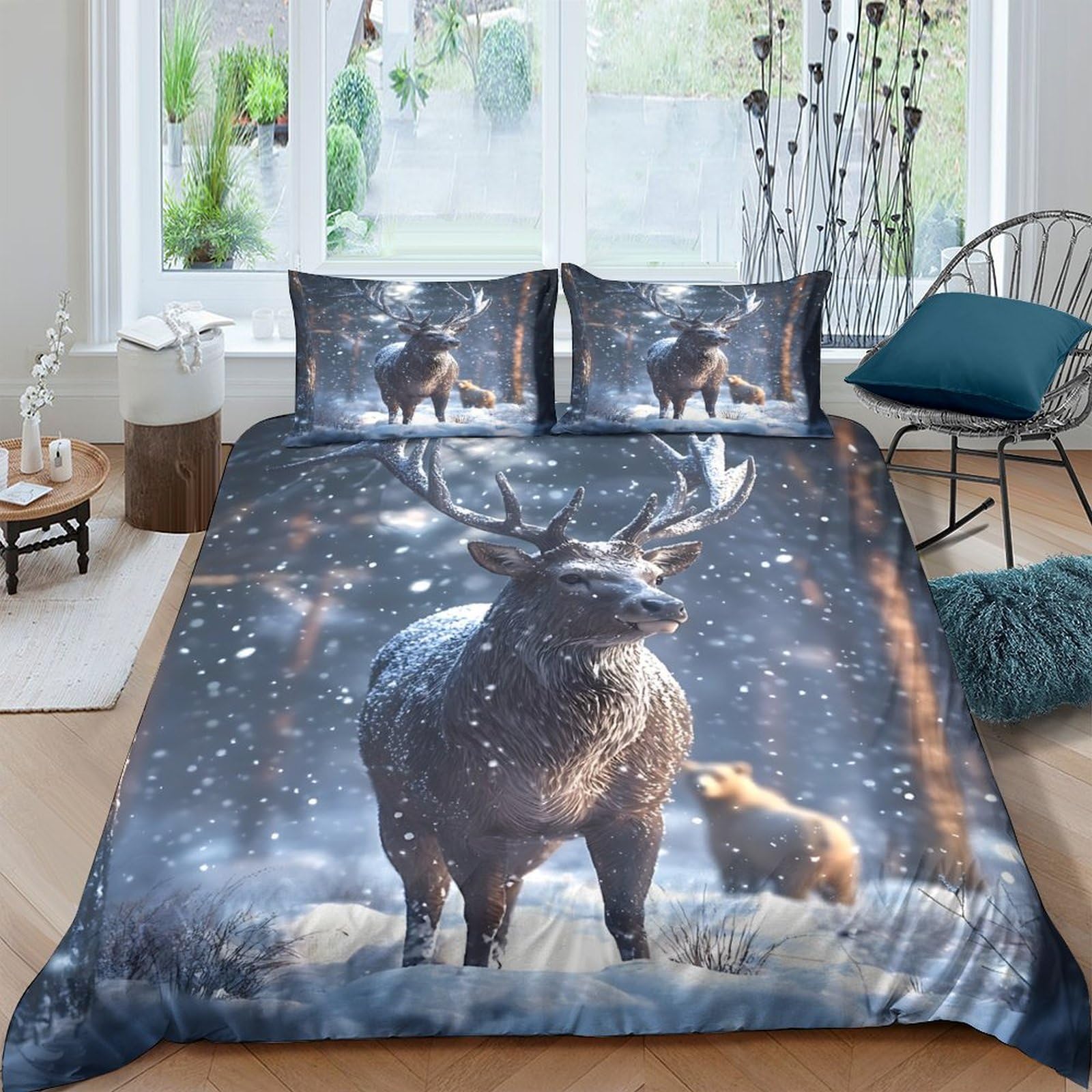 GPLZQXKJNH 3D Printed Forest Deer Duvet Cover Microfiber Soft Breathable Winter Snow Bedding Set with 2 Pillowcases for Bedroom Decor Single（135x200cm）