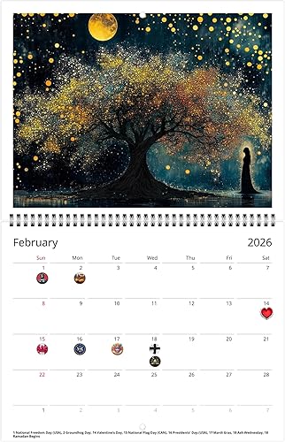 Miniatura 6 de Calendario de pared del árbol de la vida 2026 - Encantadores diseños místicos con festividades (clásico de plegado medio, grande de 11 x 17 pulgadas)