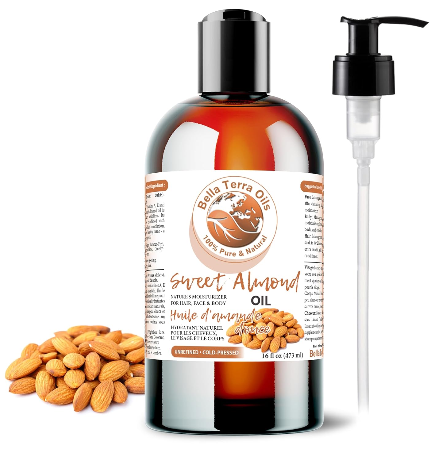 Bella Terra Oils Sweet Almond Oil for Hair and Skin – 1gallon, Rich in Vitamins, Non-Greasy, Hydrating, Nourishing, Gentle