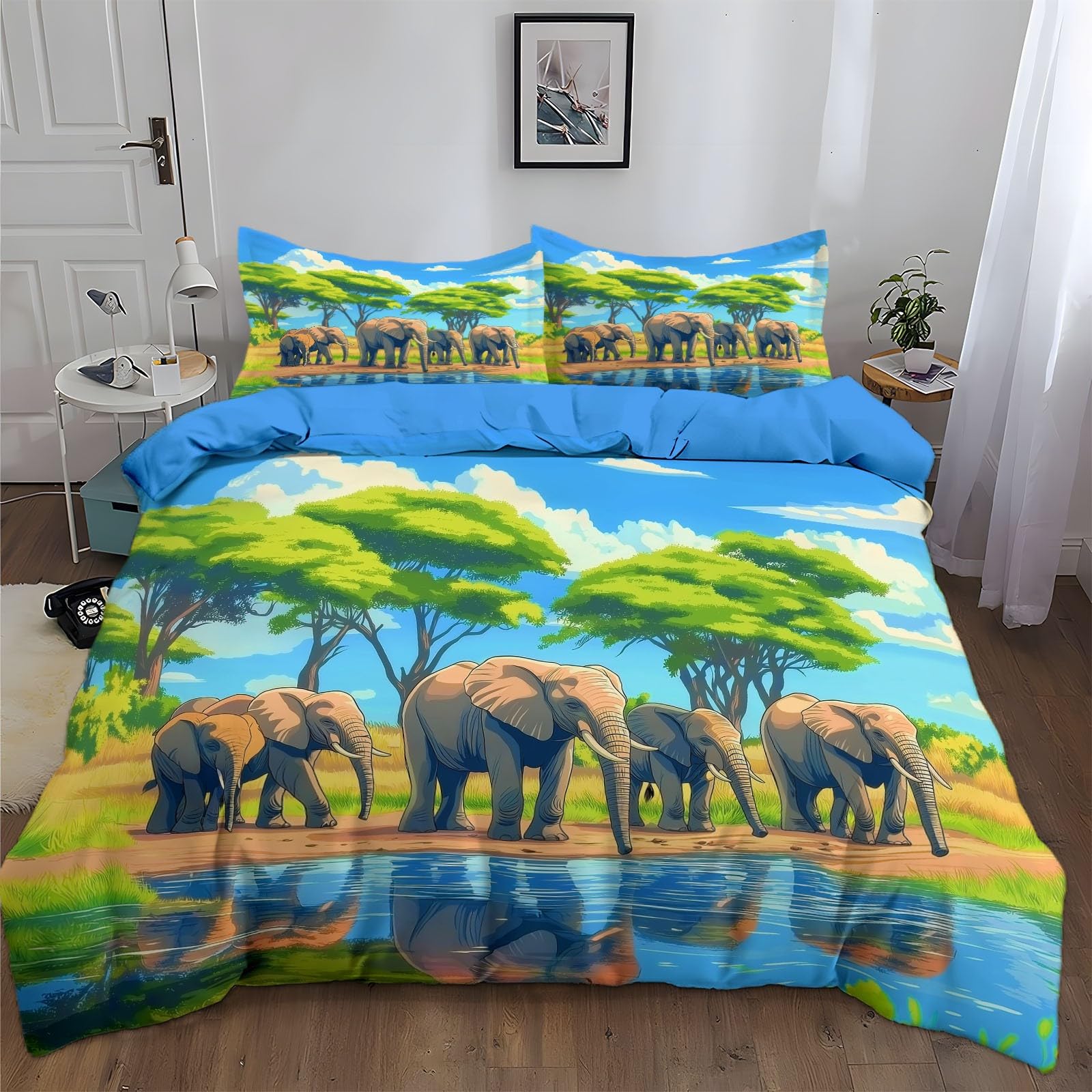 Juego de Funda Nórdica Cepillado Cama 105-200 x 200 cm Animal De Pradera Elefante, Ropa de Cama Reversible y Acogedora Azul Celeste, Fundas de Edredón Dormitorios de Niños
