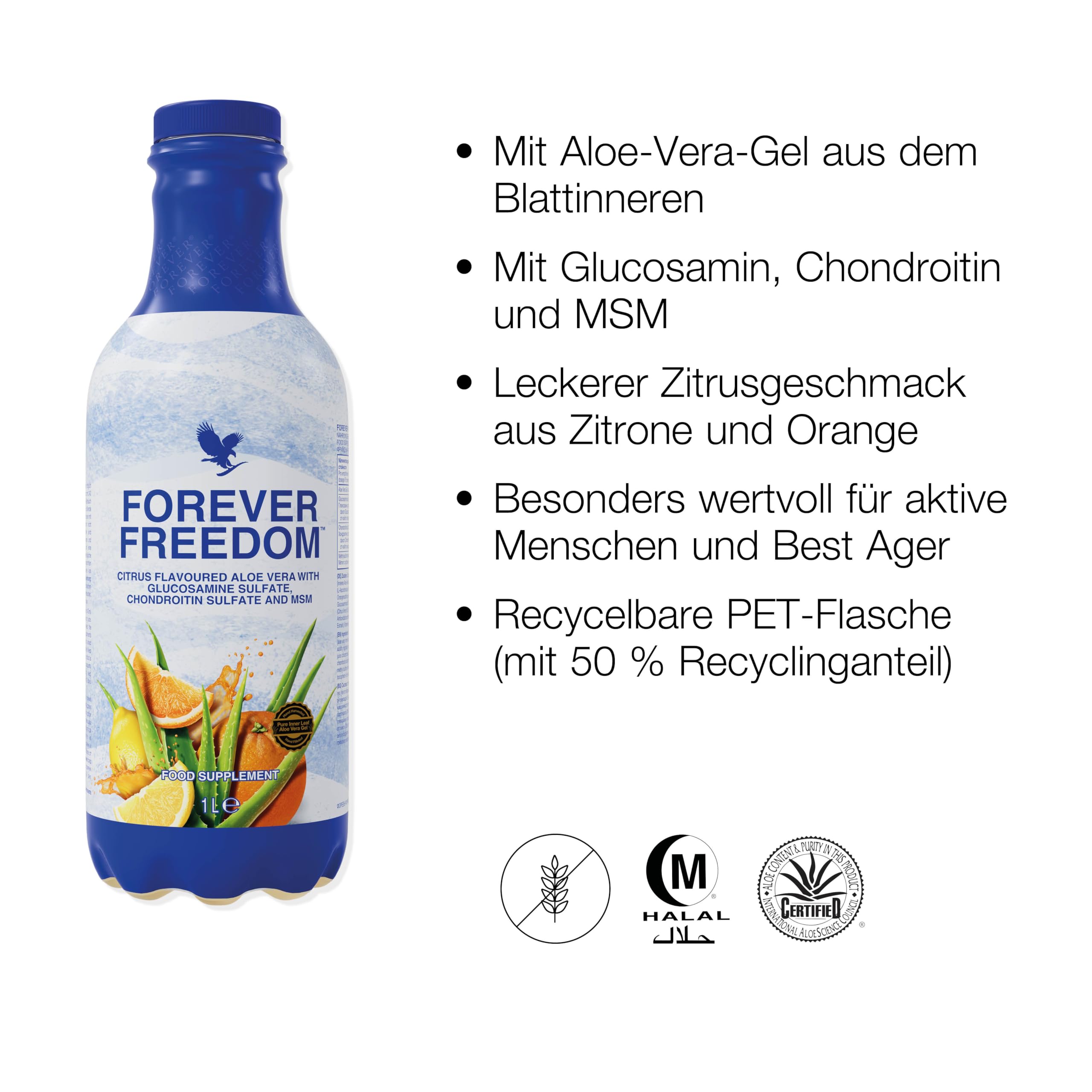 Forever Freedom | 1 l | Aloe Vera, Glucosamin, Chondroitin & MSM | Aloe-Vera-Getränk mit Glucosamin, Chondroitin und MSM, Zitrusgeschmack, glutenfrei und ideal für einen aktiven Alltag.