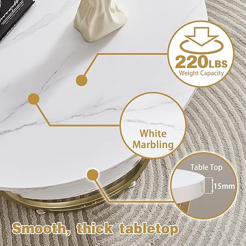 Miniatura 6 de Elephance Mesa auxiliar redonda con almacenamiento, mesa de centro moderna de 30 pulgadas para sala de estar, mesa de madera con estampado blanco de