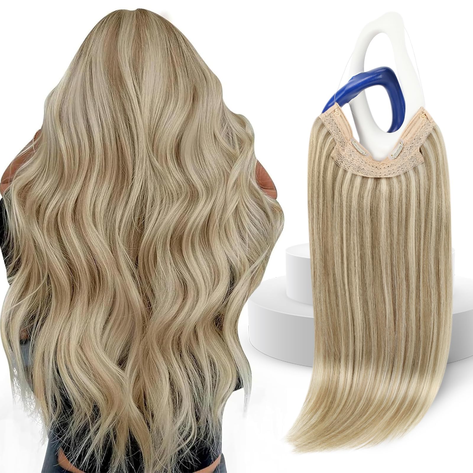 Close-up showcasing the fine, invisible wire and natural blend of Sunny Hair wire extensions with human hair.