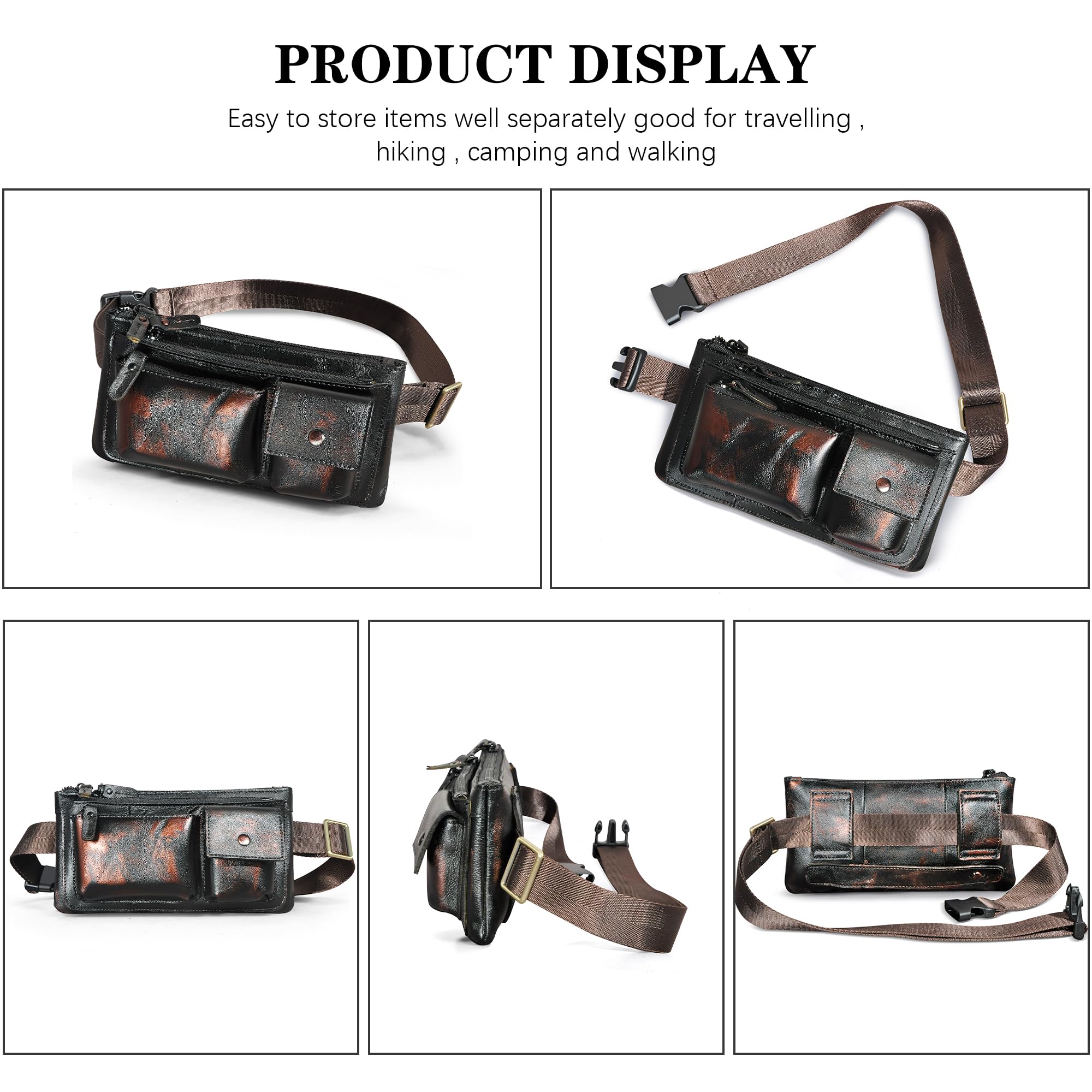 Handadsume Canvas + Genuine Leather Hiking Riding Travel Fanny Waist Pack Small Phone Belt Pouch for Men Women FB811-29 (100% Leather-811-29 Coffee) - Image 2