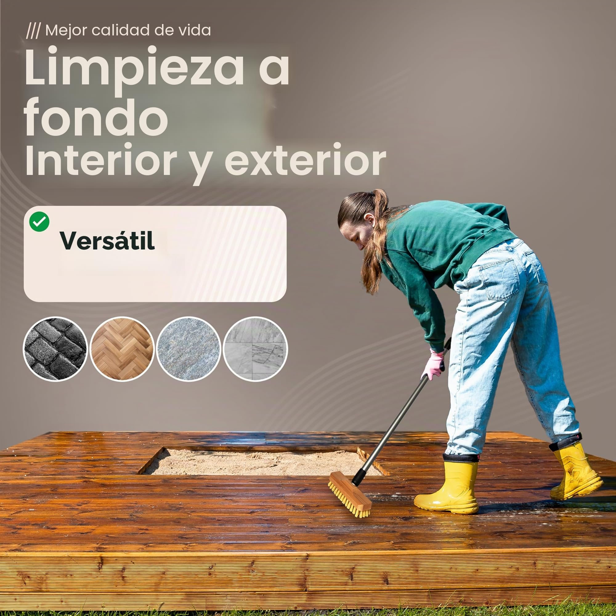 Estropajo de madera con cerdas | Limpiaparabrisas con rosca y mango telescópico | Cepillo PPN | Ideal para balcón, terraza, jardín, interior y exterior