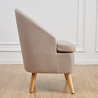 Vista 10 de Bonita silla tapizada color beige con estilo de barril, sofá individual redondo de tela similar al lino de algodón para patas de madera, sala