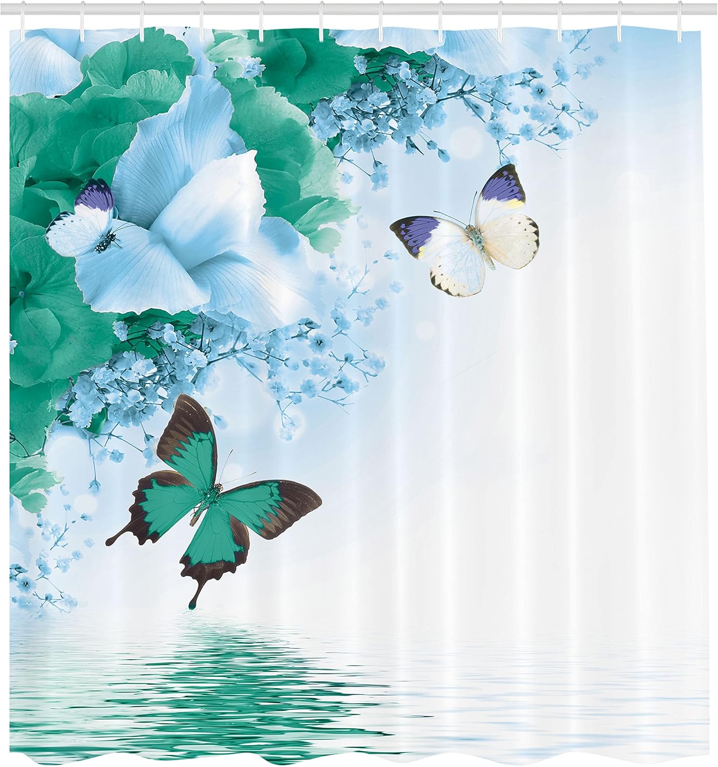 Ambesonne Floral Shower Curtain, Nature Theme Wild Flowers Monarch Flying Butterflies Lily on Lake Therapy Spa, Cloth Fabric Bathroom Decor Set with Hooks, 69" W x 70" L, Almond Green