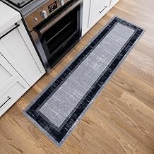 Ottomanson Runner Rug 110" x 7 Non Slip Rubber Backed Kitchen Rug for Sink Area, Hallway Carpet Runner, Low Pile Indoor Runner Rug for Laundry Room and Entryway, Border Gray/Navy