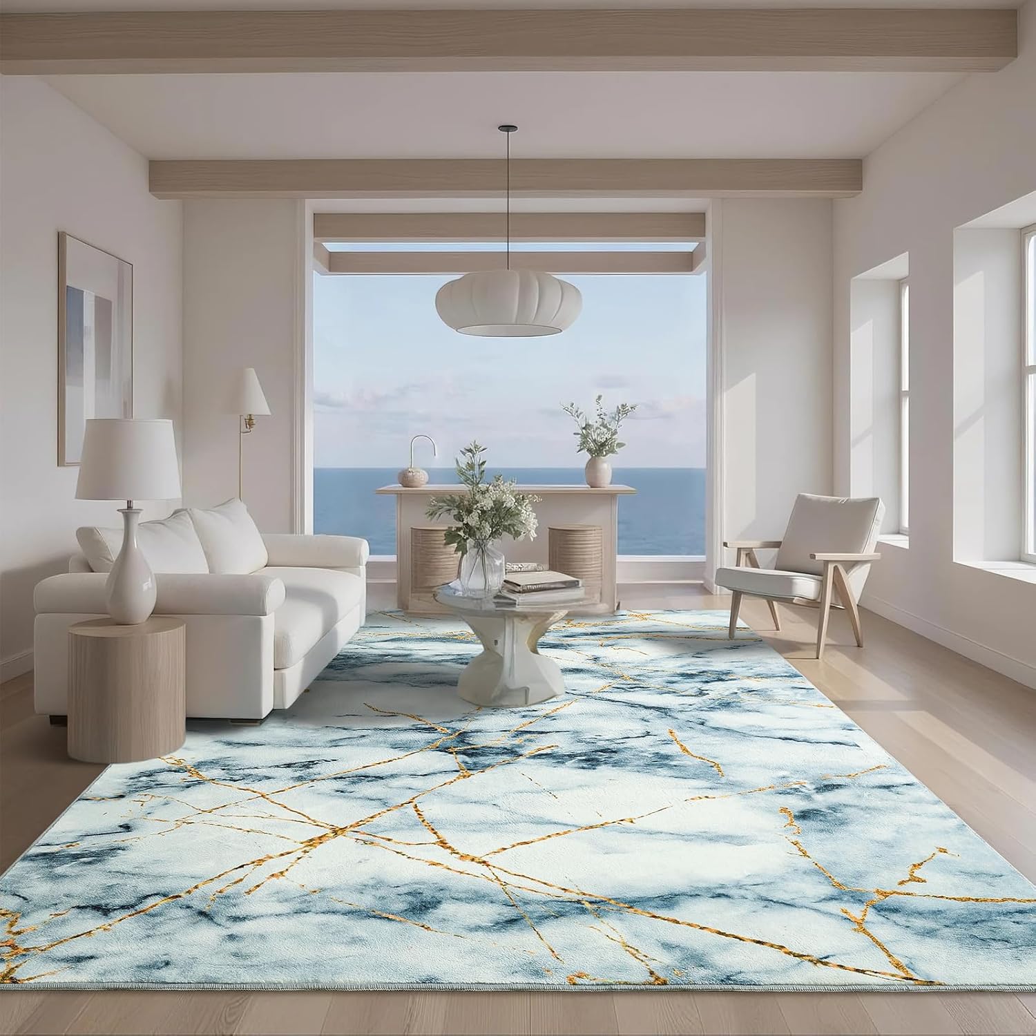 Przemy Area Rugs for Living Room, 4x6 Washable Rug for Bedroom, Modern Non Slip Carpet for Dorm Hallway Nursery Dining Room Office, Blue and White