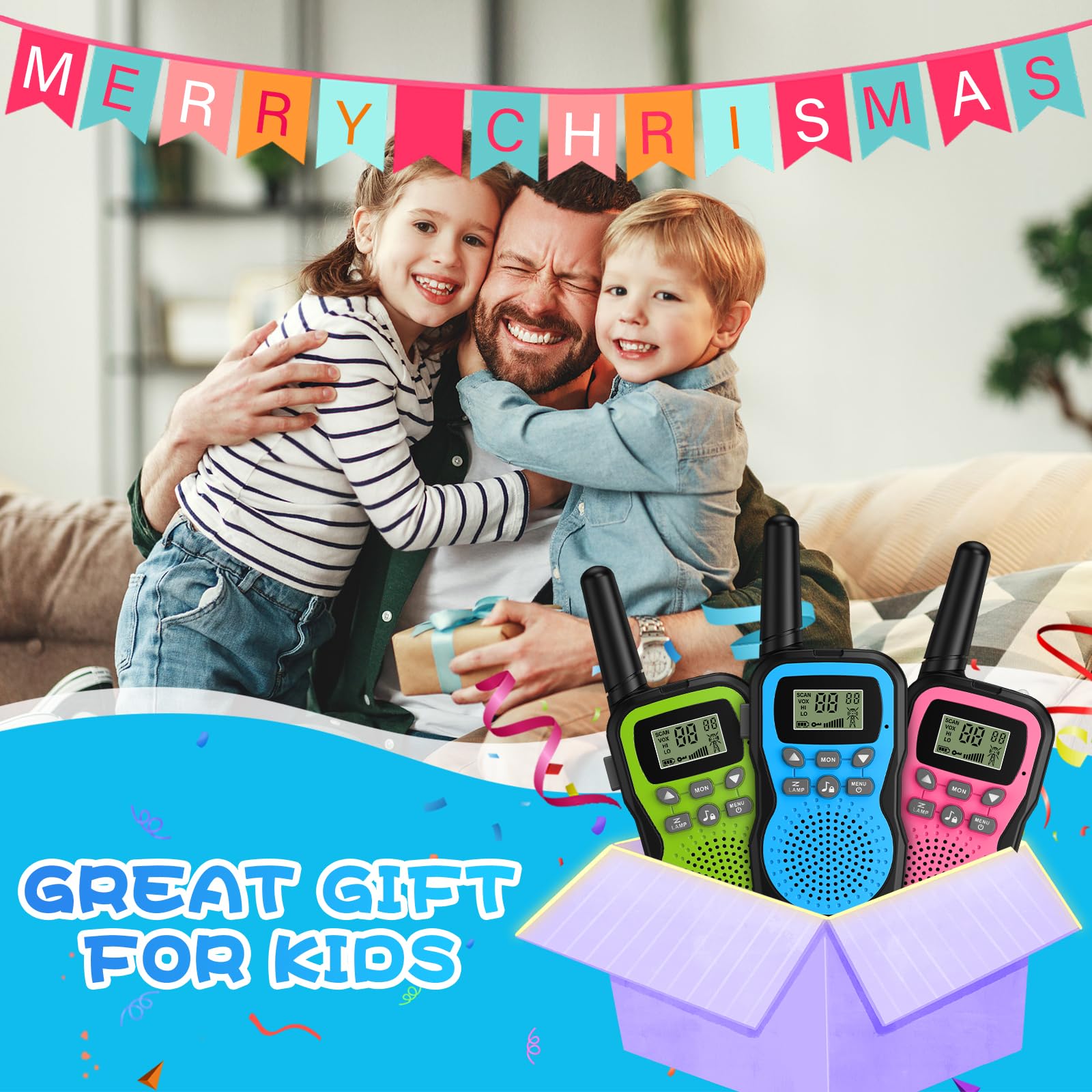 Walkie Talkie Bambini 3 Pezzi, Apkezel Walkie Talkie Bambini Ricaricabili con Batteria da 1000 mAh, Große Reichweite 3km Woki Toki Bambina con Torcia VOX per Esterni, Campeggio, Escursionismo