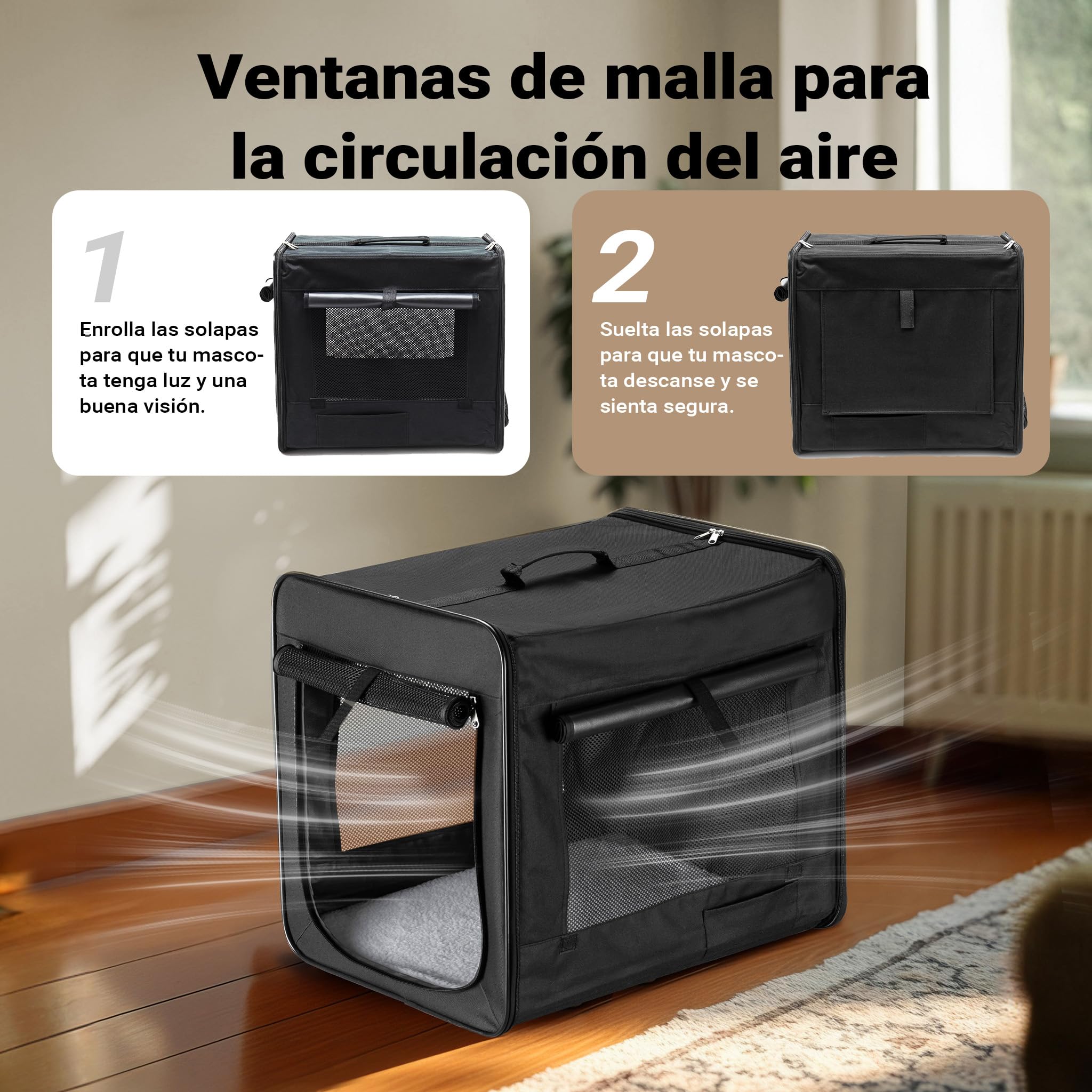 Wiltec Bolsa de Transporte Plegable Negra Mascotas Perro Gato, Talla M (58x46x53 cm), con cojín