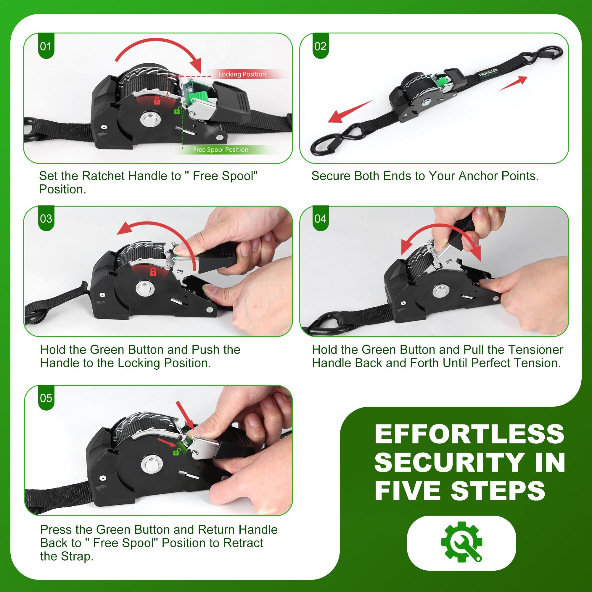 Retractable Ratchet Straps (4-Pack) - 1 Inch x 10 Feet (1,650lb Break Strength) - Auto Self Retracting Tie Down Straps for Truck, Cargo Trailer, Motorcycle, ATV, UTV - Black - 5