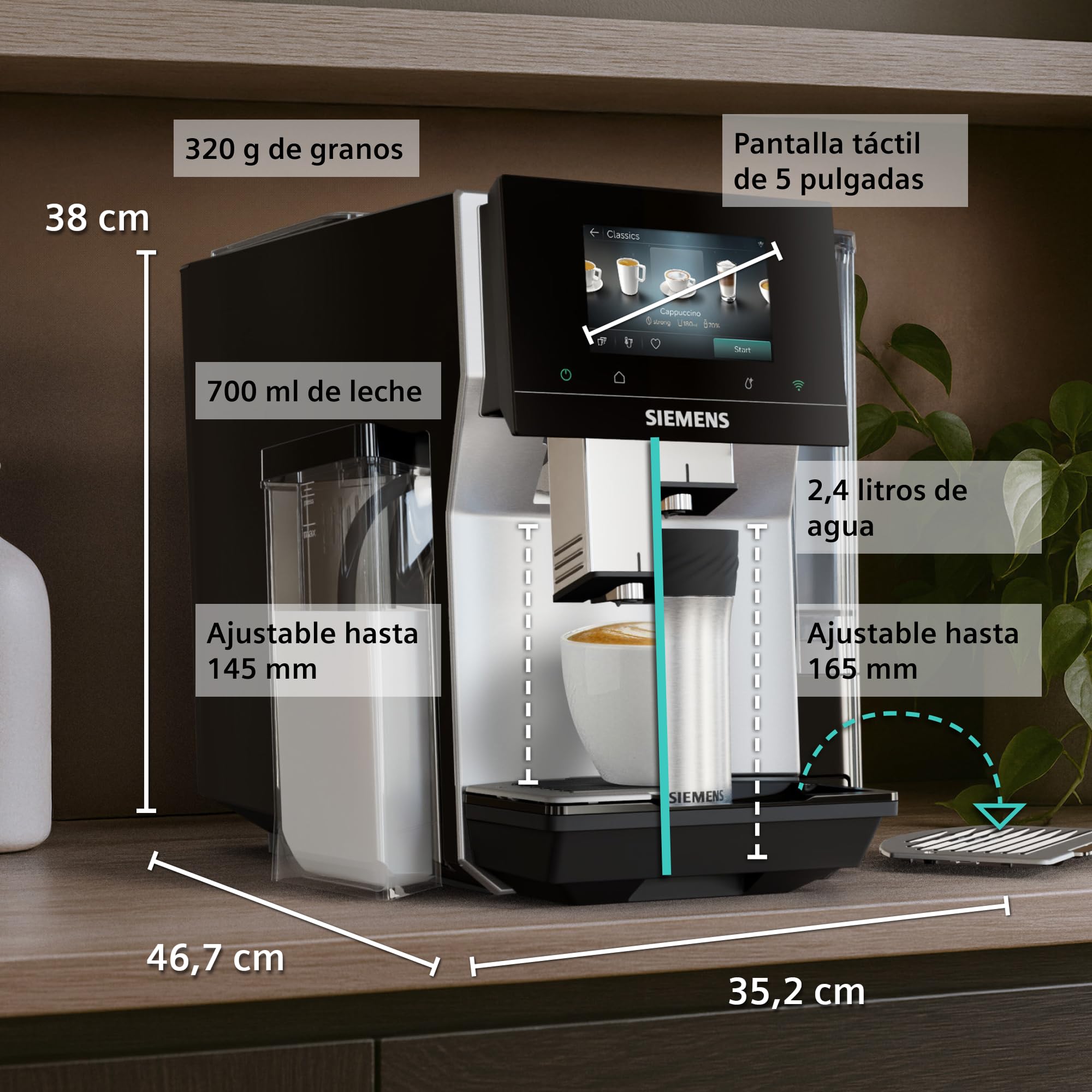 SIEMENS, Cafetera Superautomática, EQ700 iAroma, pantalla táctil, depósito de leche integrado, calentador de tazas, Cold Brew y Slow Brew, app Home Connect, acero inoxidable negro, TQ727E03