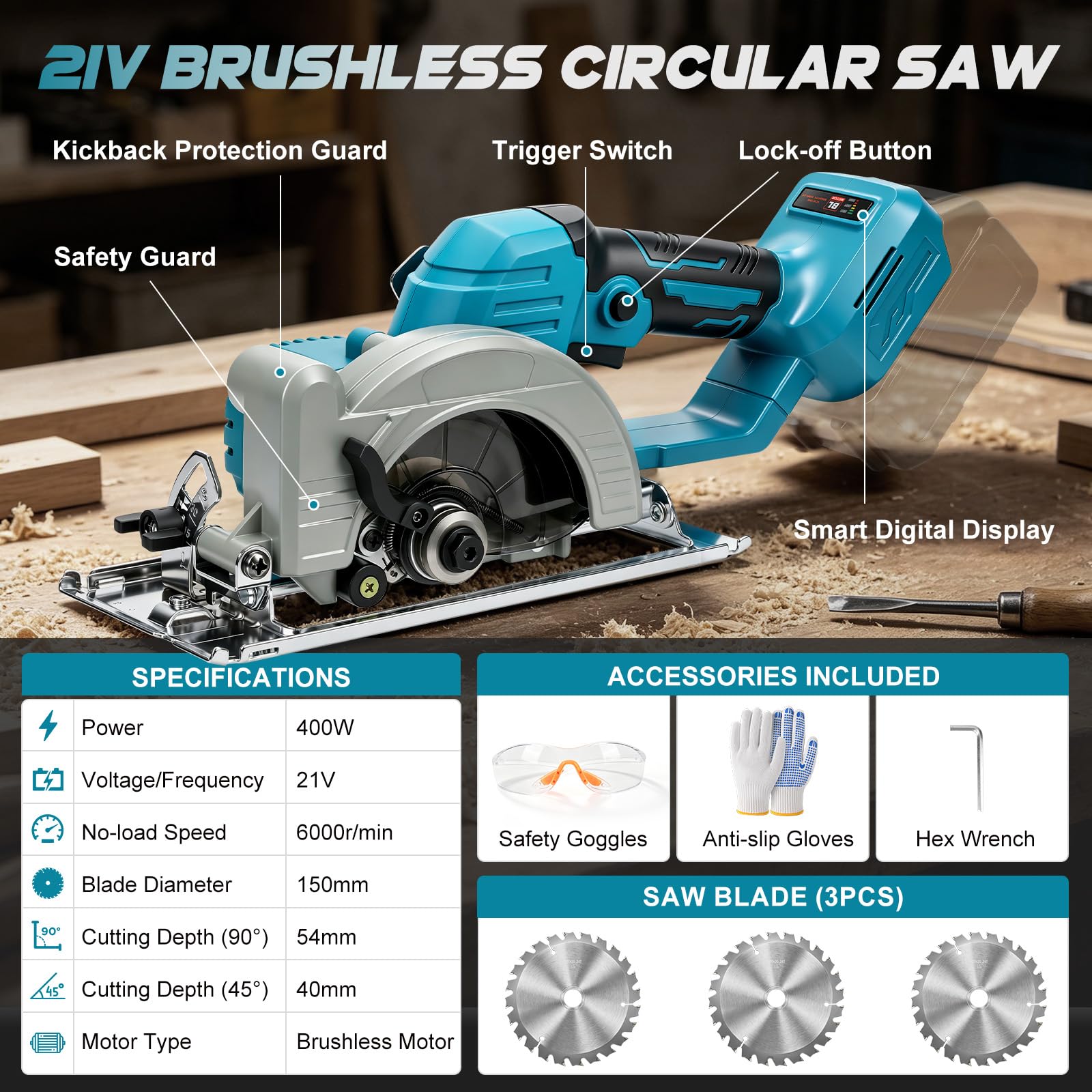 Sierra Circular a batería 6 Pulgadas para Makita 18V (sin Batería) | 400 W, mini sierra circular sin escobillas, 3 hojas, inclinación 45°, corte máx. 54 mm, Guantes, Gafas