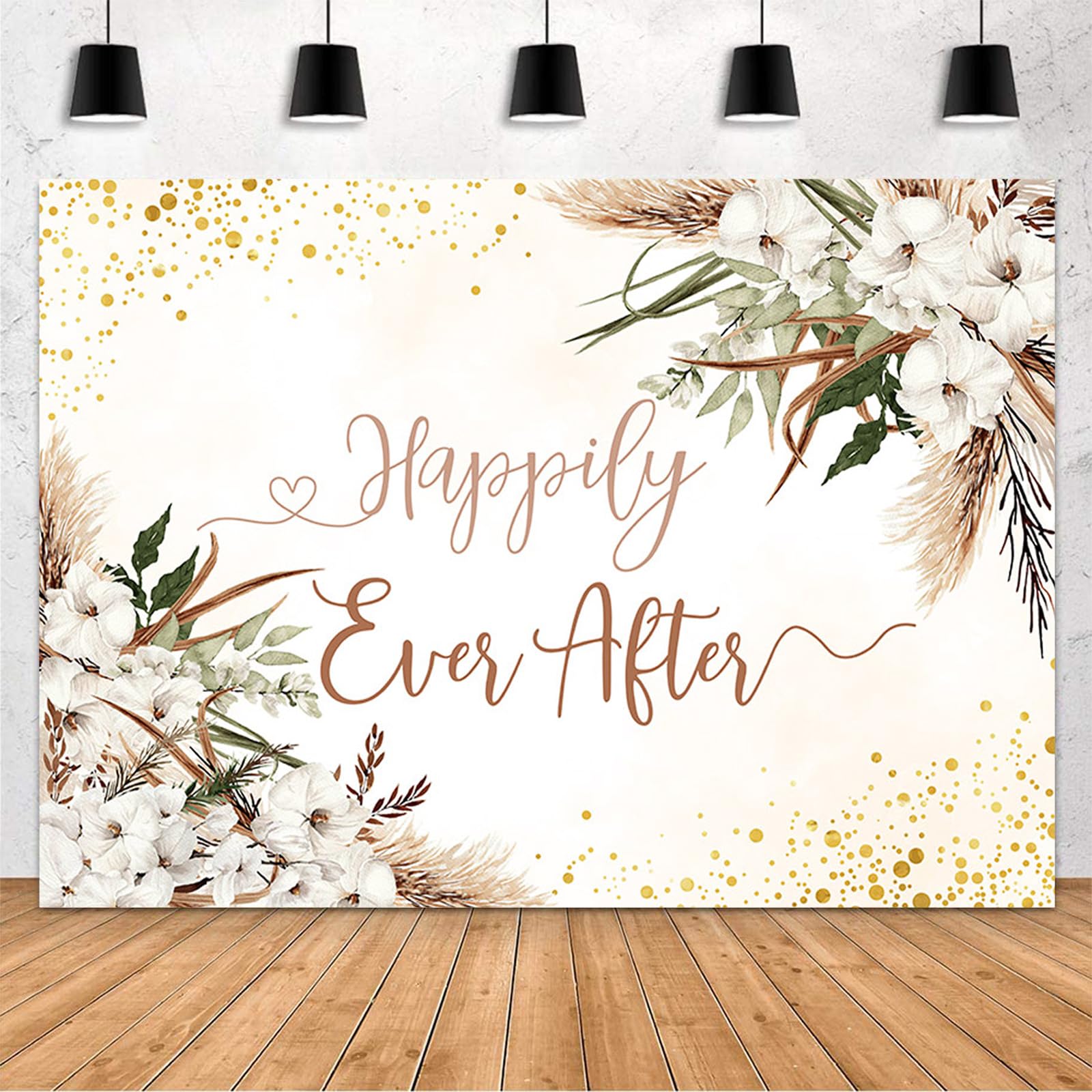 MEHOFOND Happily Ever After Backdrop Boho Bridal Shower Wedding Party Decorations Banner White Bohemia Floral Gold Dots Pampas Grass Wedding