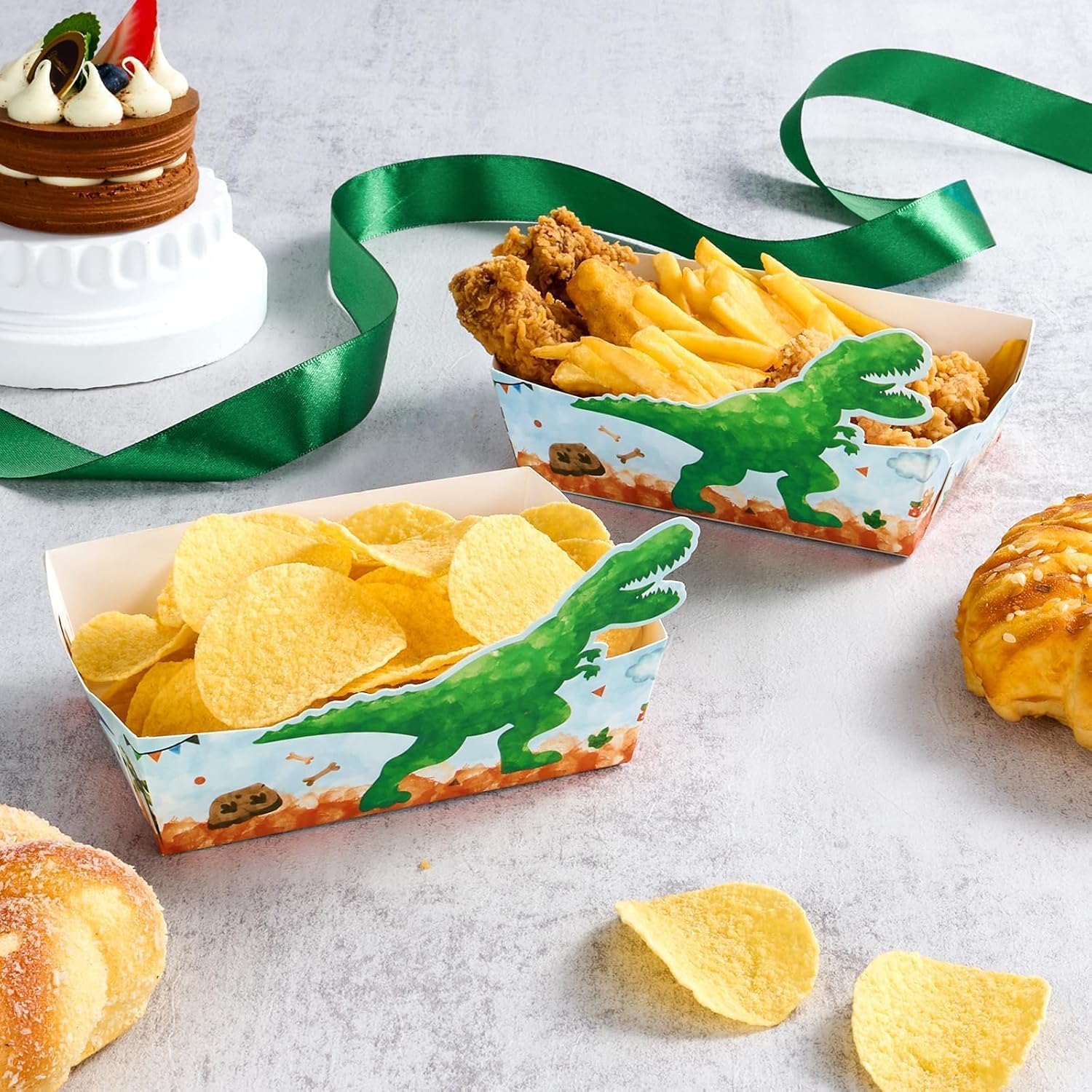 WERNNSAI Dinosaur Birthday Decorations - 24 PCS Dinosaur Paper Food Trays Green Paper Serving Boats Disposable Serving Dino Boats for Snacks French Fries Nachos Hot Dog Tacos BBQ Party