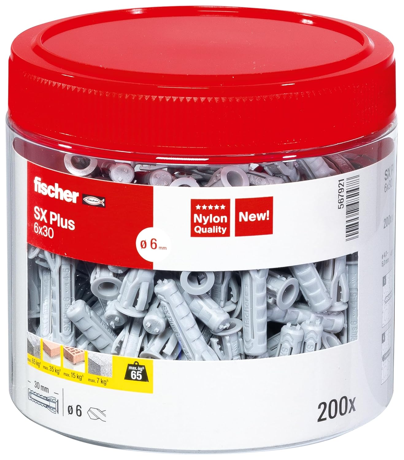 fischer 567921 SX Plus Expansion Wall Plug, 6mm x 30mm, Tin of 200 Plugs