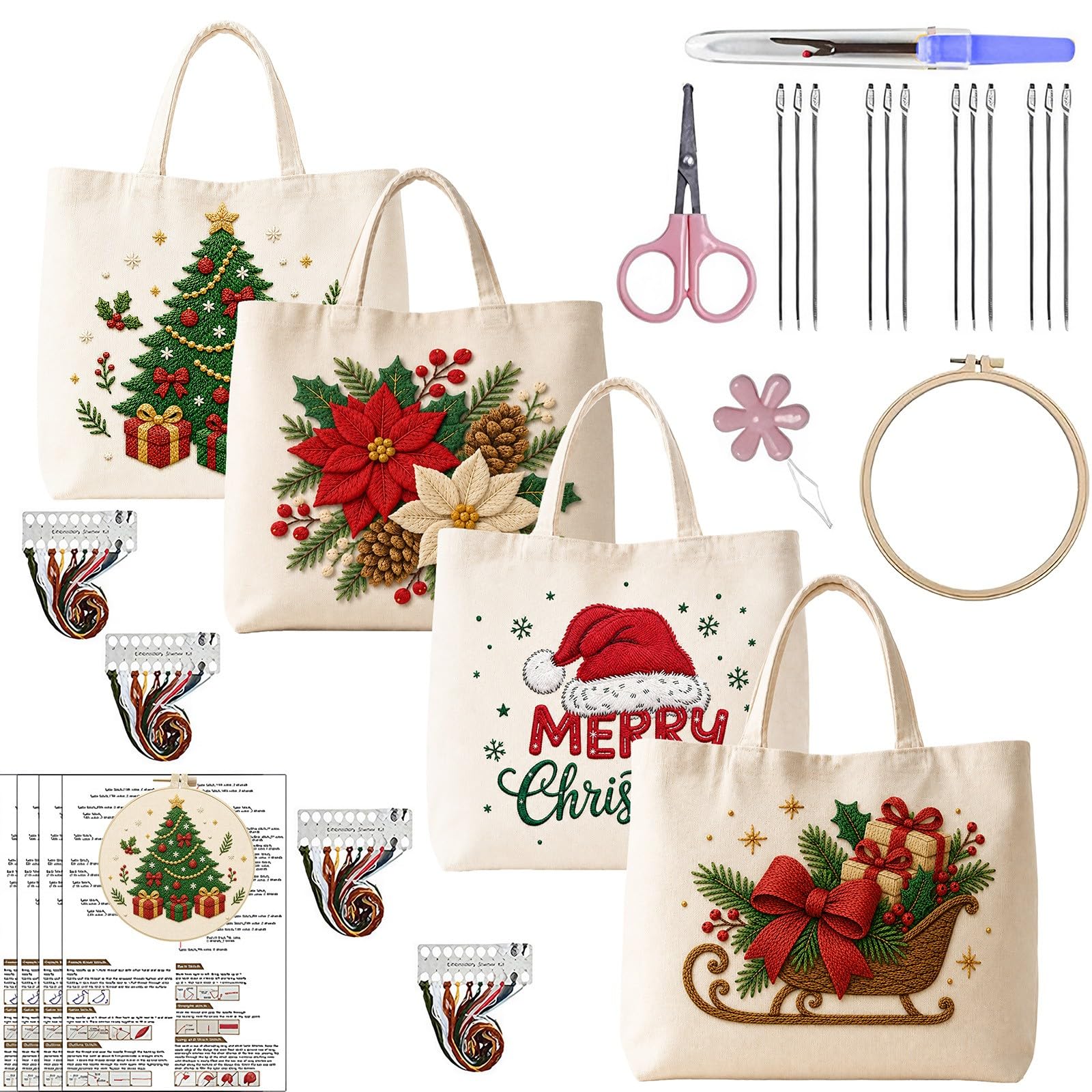 Lebartm 4Pcs Embroidery Tote Bag Kit for Beginners Adults DIY Canvas Shoulder Bag with Cute Christmas Patterns and All Stitching Tools Reusable Grocery-Bag for Women-03